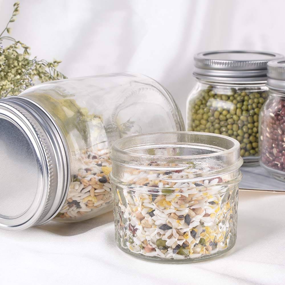 40 Pack 4oz 120 ml Glass Mason jars With Silver Regular Lids, Perfect for Jam, Honey, Candies,Wedding Favors, Decorations,DIY Magnetic Spice Jars.(40 Labels Included)
