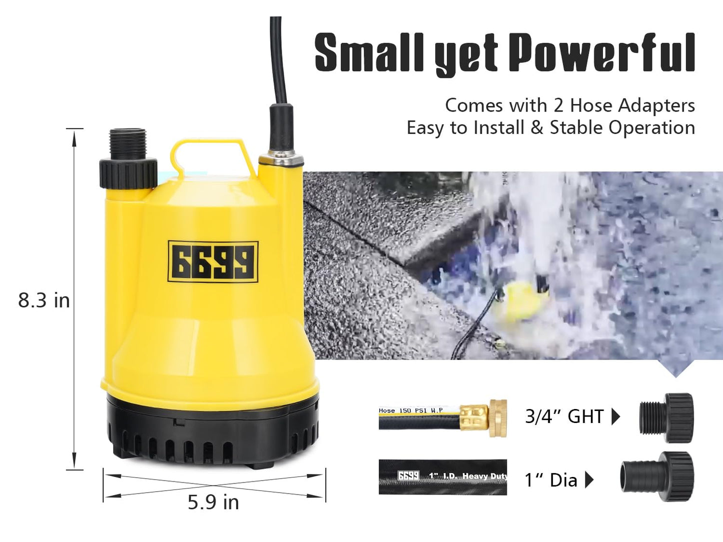 6699 1/6HP Portable Utility Pump Submersible Small Backup Sump Pump Draining to Remove Water from Flooding House Basement Pool Tankless Heater Flushing Pump with 10-Foot Cord SUB 1100