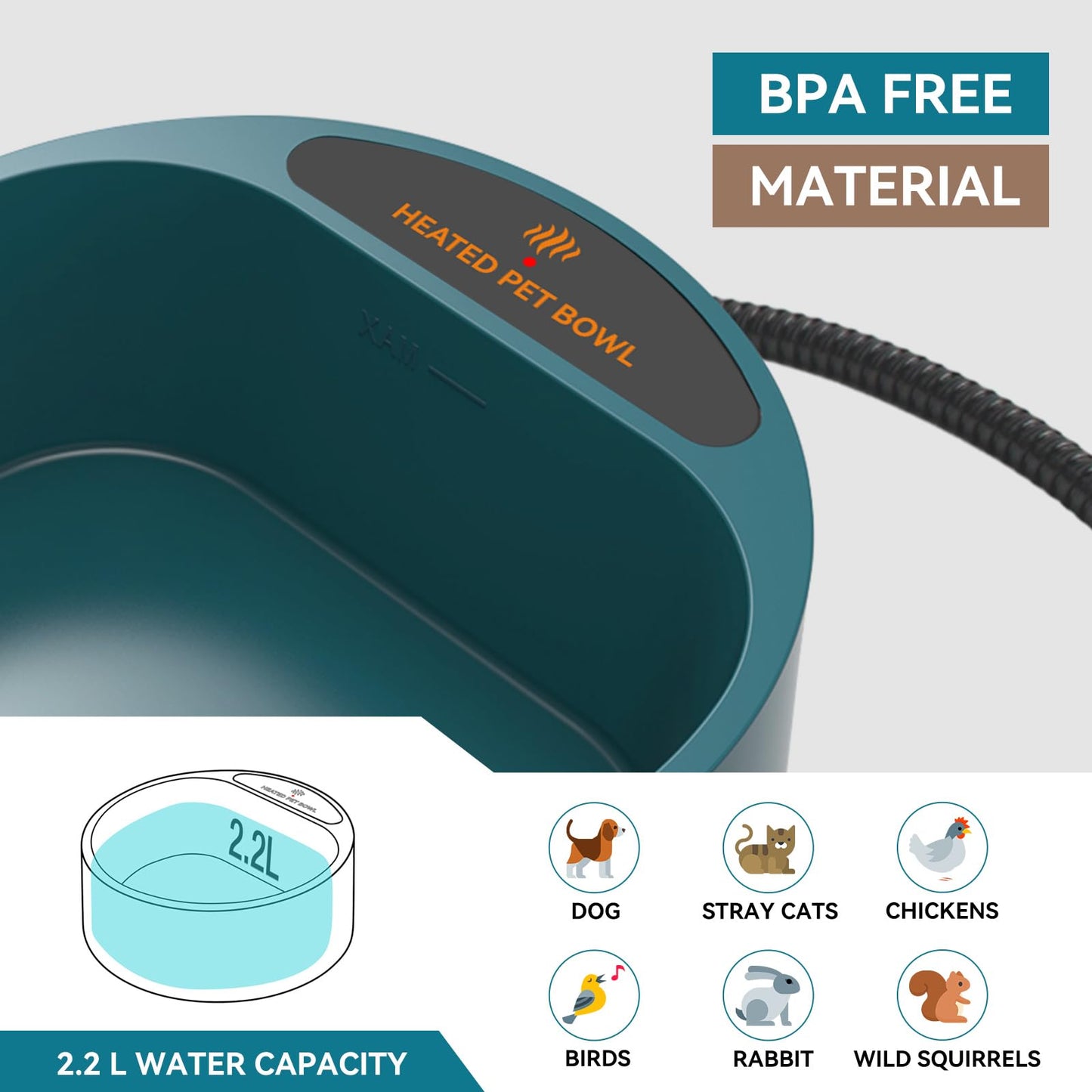 Billionchains Dog Heated Water Bowl for Outdoor No Freeze Water Bowl Pet Water Heater with Chew Resistant Cord, 2.2L