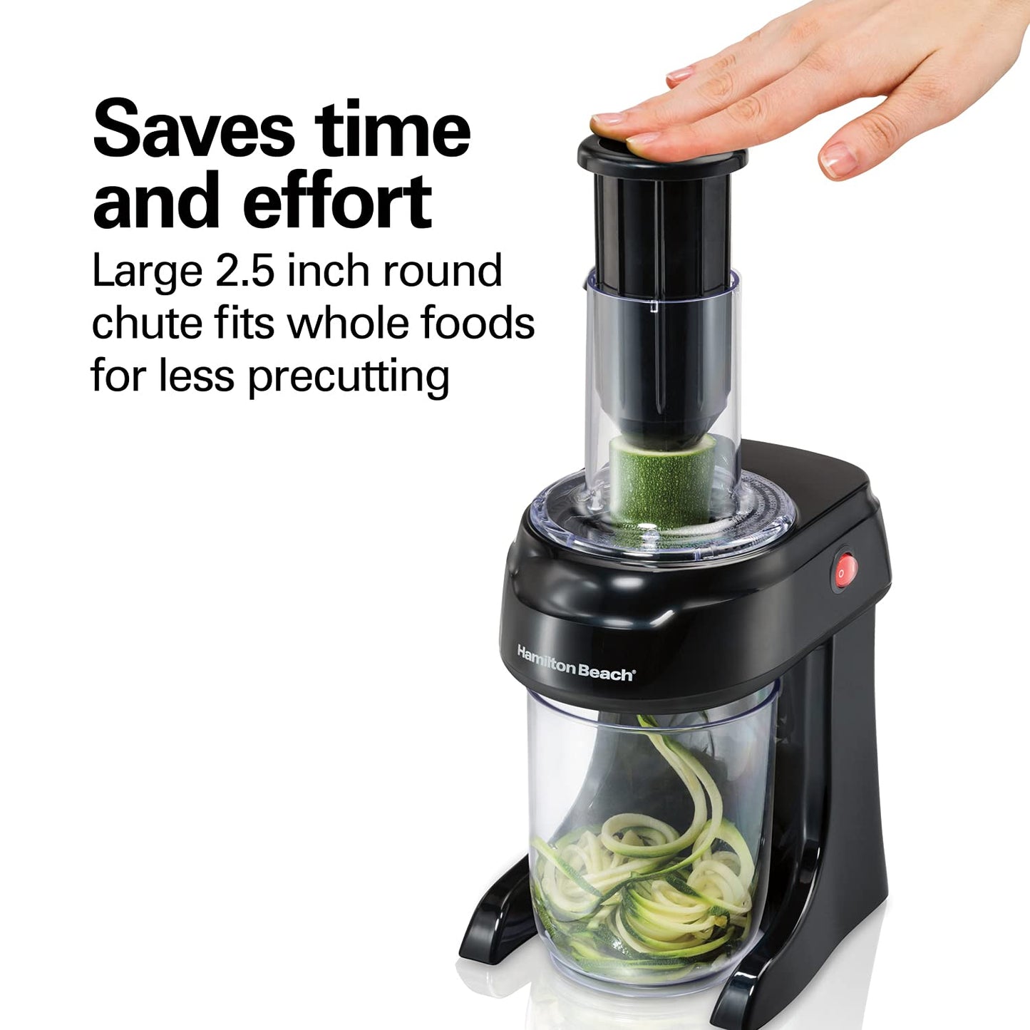 Hamilton Beach 3-in-1 Electric Vegetable Spiralizer for Veggie Noodles, Zoodle Maker & Slicer, 3 Cutting Cones for Spaghetti, Linguine and Ribbons, 6 Cup Bowl, 60 Watts, Black (70930)