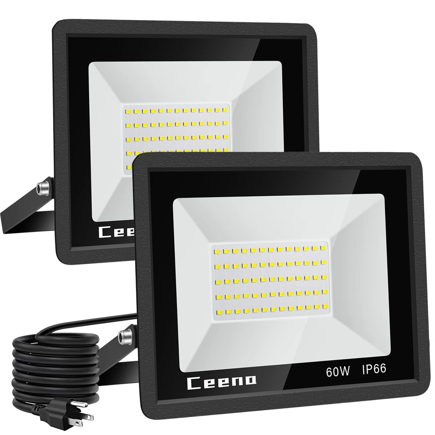 Ceena 2 Pack 60W Plug in LED Flood Light Outdoor, 6000lm Super Bright Floodlight with 5.9FT Wire, IP66 Waterproof 6000K LED Work Light for Garage, Yard, Patio, Front Door