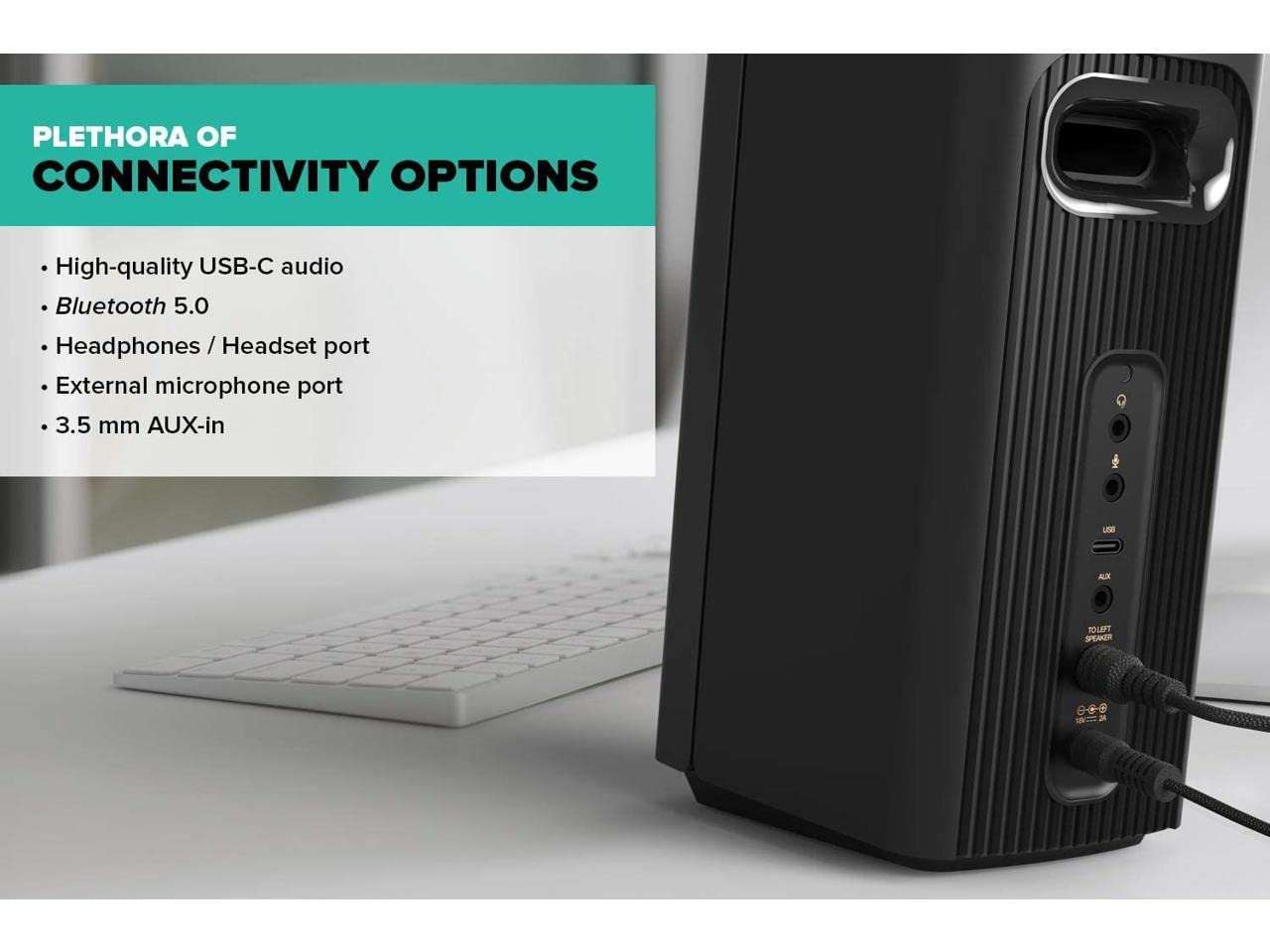 Creative T60 2.0 Compact Hi-Fi Desktop Speakers with Clear Dialog and Surround by Sound Blaster, USB-C Audio, Mic and Headset Ports, Bluetooth 5.0, Up to 60W Peak Power, for Computers and Laptops