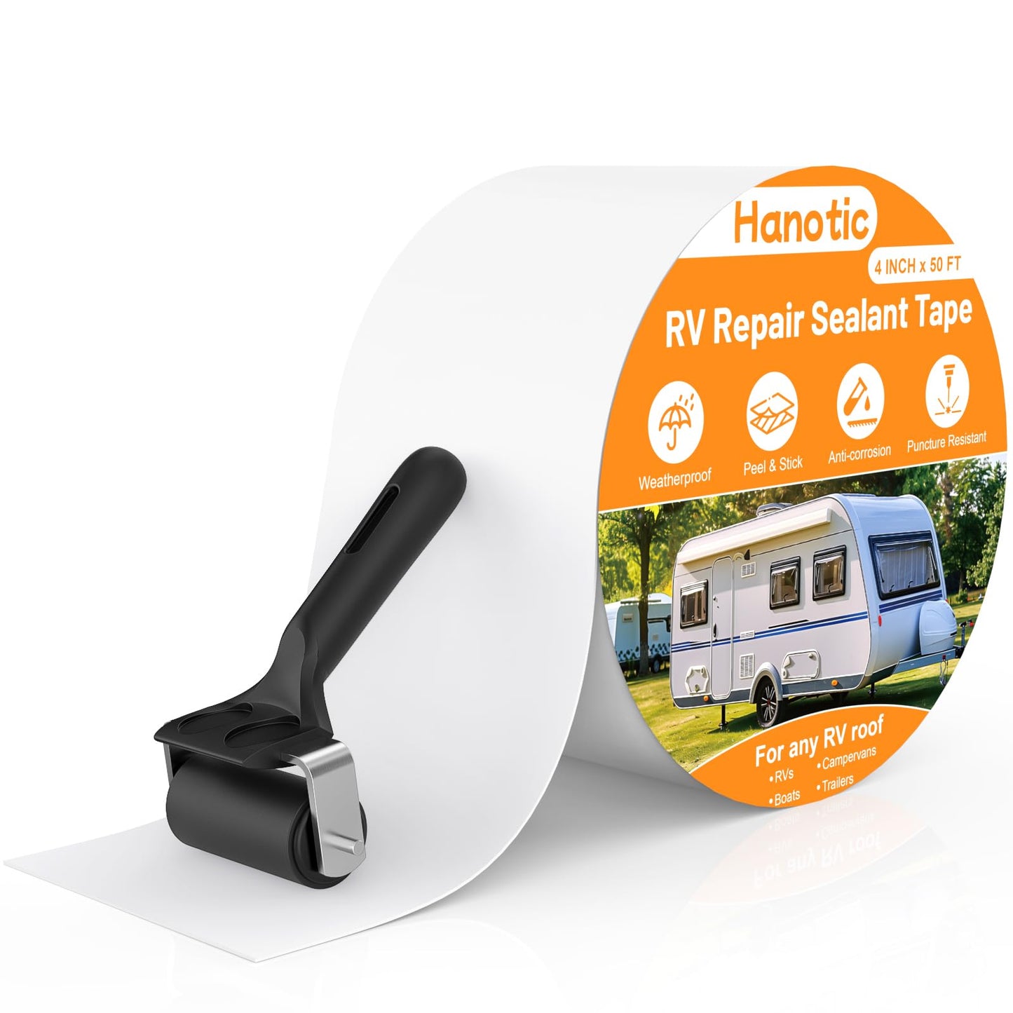 Hanotic RV Roof Tape with Roller, 4 Inch x 50 Feet Sealant Repair Tape, UV Resistant & Weatherproof for RV Repair, Camper, Trailer, Boat Sealing, Leaking Roof, Window (White)