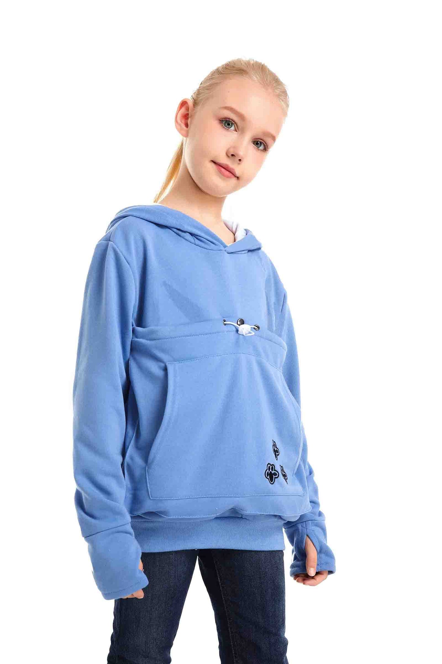 LINYUCHEN Boys Girls Cat Pouch Hoodie - Kitten Puppy Carrier Holder Sweatshirt Long Sleeve Cat Ear Pullover Tops, Blue, 10-11 Years