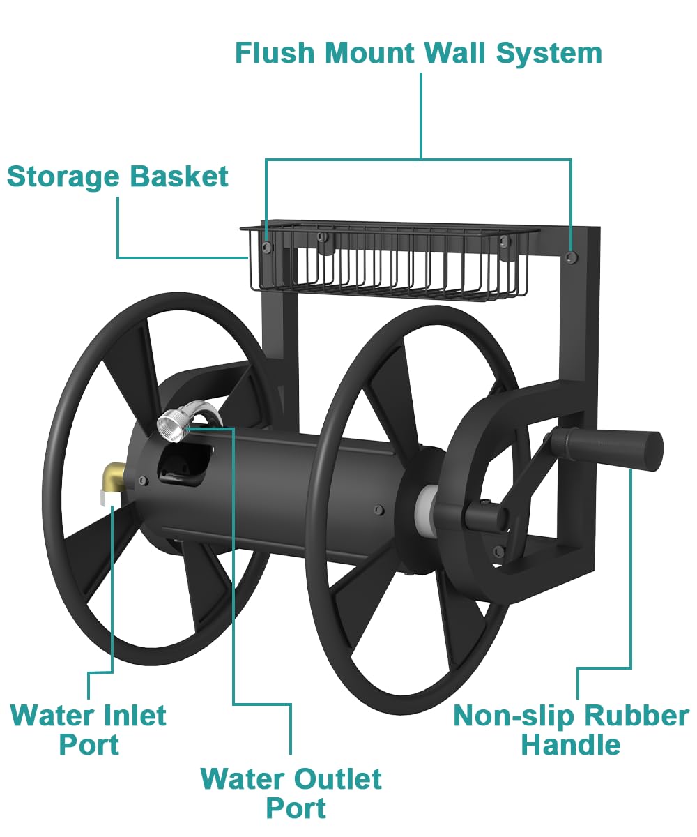 Artigarden Garden Wall Mounted Hose Reel, Outdoor Heavy-Duty Water Hose Holder Winder, Holds 125 Feet of 5/8-Inch Hose, with 3.9 ft Leader Hose, Brass Fitting and Storage Basket for Yard, Black