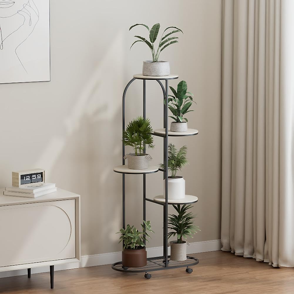 TackView Corner Plant Stand with Wheels,Large Indoor Metal Plant Shelf for Pots, Modern Flower Holder for Living Room, Balcony & Office Decor,5 Tire Black