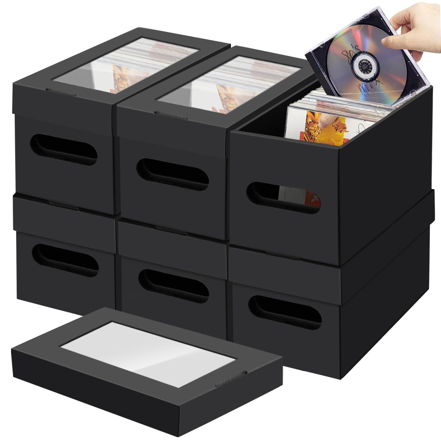 6 Pack CD Storage Boxes with PVC Clear Lid, Portable Cardbord CD Storage 13"×6"×6" DVD Case Holder Stackable DVD Storage Box Each Hold Up to 30 DVDs in Full Jewel Cases for DVDs, CDs