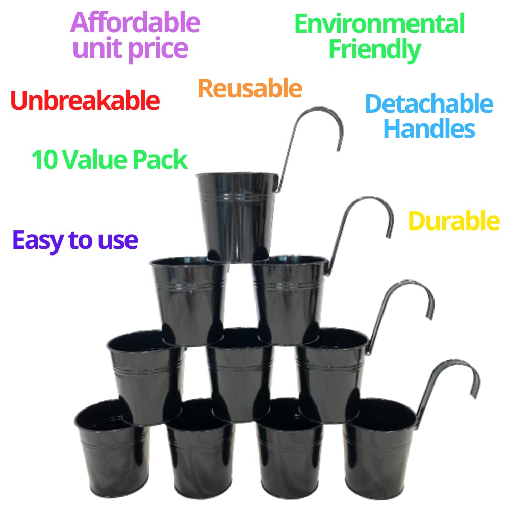 LaLaGreen Railing Planter - 10 Pack, 6 Inch Hanging Flower Pot Black, Outdoor Large Metal Iron Fence Bucket, Balcony Garden Wall Deck Porch Patio Rail Decor Hanger Hook Farmhouse Macetas para Balcon