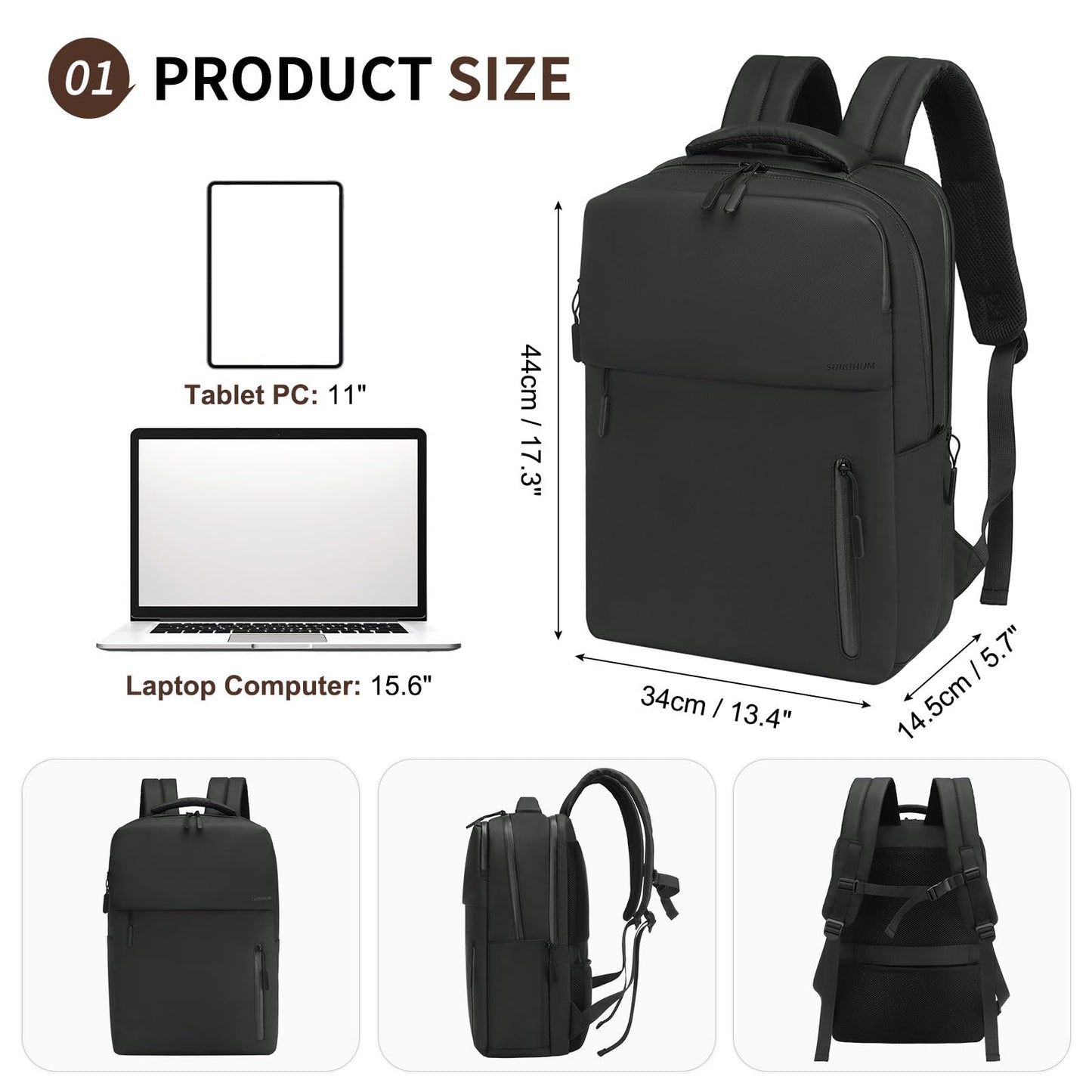 SUIKIHUM Lightweight Commute Backpack for Men & Women, Water-Resistant Travel Daypack with 15.6-Inch Laptop Compartment & Anti-Theft Pockets, Black