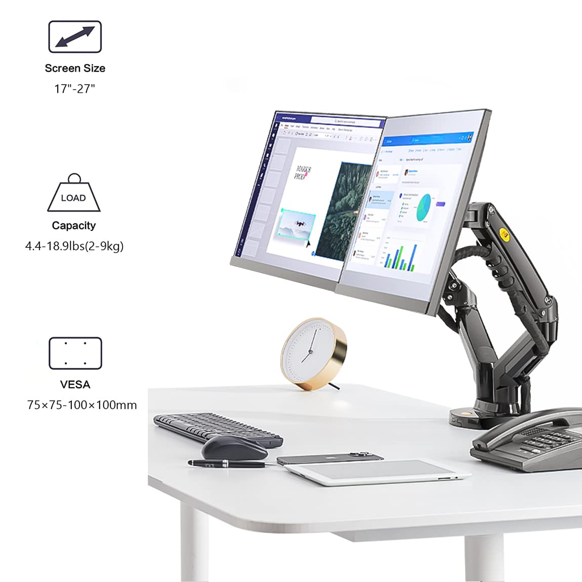 Dual Monitor Arm Height Adjustable Gas Spring Double Monitor Stand Desk Mount Fit Two 17 to 27" Flat or Curved Screens with 19.8lbs Load Capacity for Each Arm, with Clamp and Grommet Mounting Base