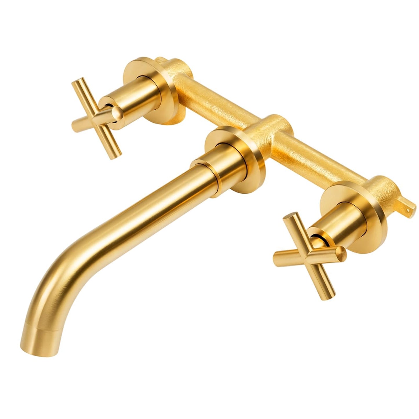 Noliven Brushed Gold Wall Mount Faucet, Brushed Brass Bathroom Sink Faucet, 2 Cross Handle Wall Mount Vessel Sink Faucet for Vanity Lavatory Sink, Wall Mounted, Rough-in Brass Valve Included