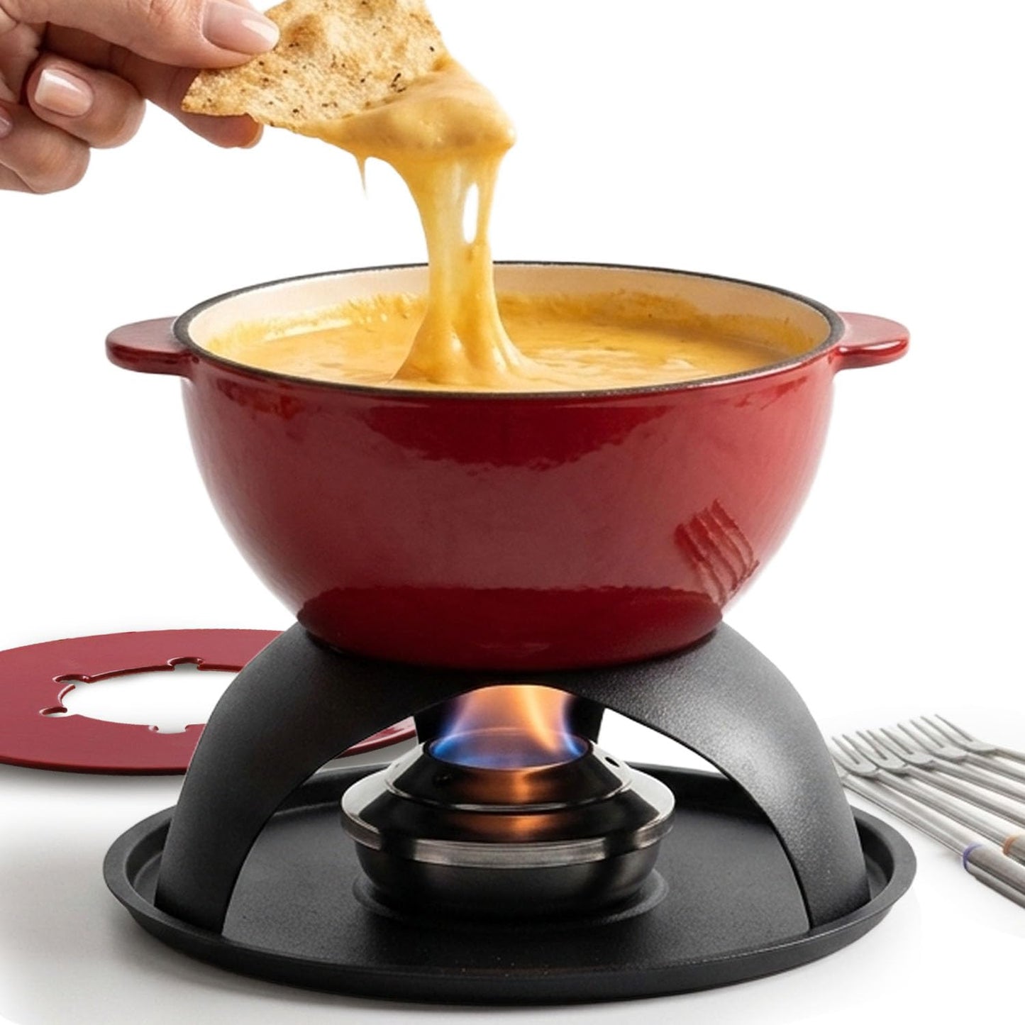 Artestia Cast Iron Cheese Fondue Pot Set, 5-Cup Cheese & Chocolate Fondue Pot with Adjustable Burner and 6 Color-Coded Forks, Fondue Set for 4-6 People, Red