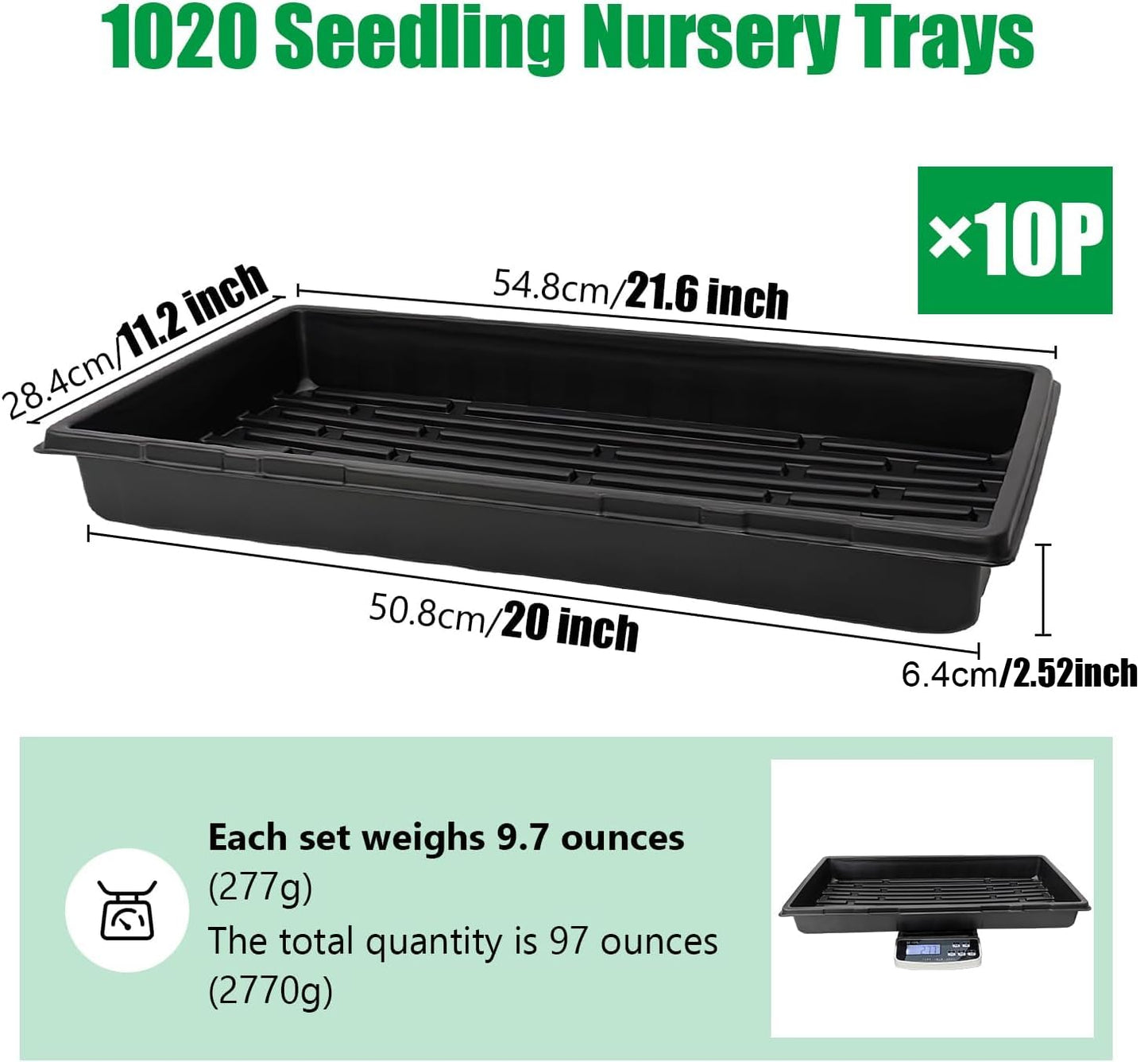 RooTrimmer 1020 Trays Sturdy Farmer Self Seedling Nursery Tray Plastic Seeds Starter Trays 10 Pieces Standard Size 2.35inch Deep Without Holes (10-Pack Without Holes)