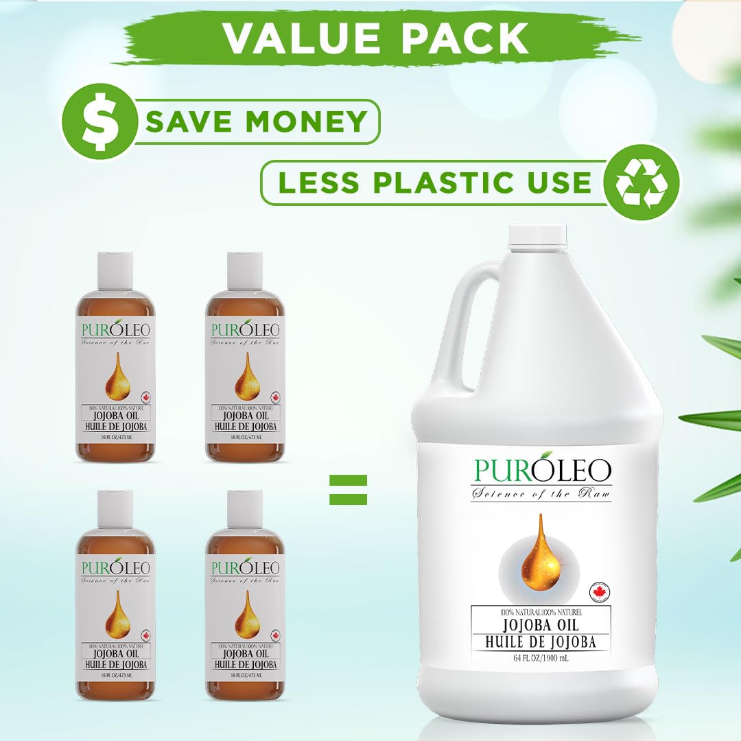 PUROLEO Jojoba Oil 64 Fl Oz/1900 ML (Packed In Canada) 100% Pure and Natural for Hair Oil, beard oil , Cuticle Oil, baby oil & Face Oil | |Personal Beauty Pack Easy to carry | Premium Leakproof unbreakable Packaging