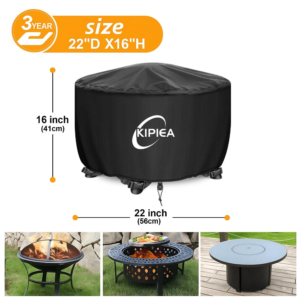 Kipiea Round Fire Pit Cover - Heavy Duty Strong Tear and UV Resistant, 100% Waterproof Outdoor Firepit Cover for 36" D x 24" H Round Patio Fire Bowl