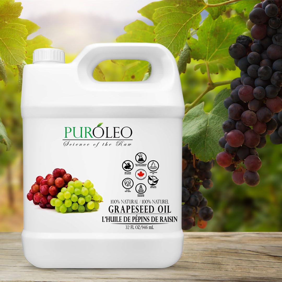 PUROLEO Grapeseed Oil 32 Fl Oz/946 ML (Packed IN CANADA) | Pure Moisturizer Carrier Oil massage oil baby oil hair oil body oil baby oil hair care Oil for hair | Beauty & DIY blend 100% Natural