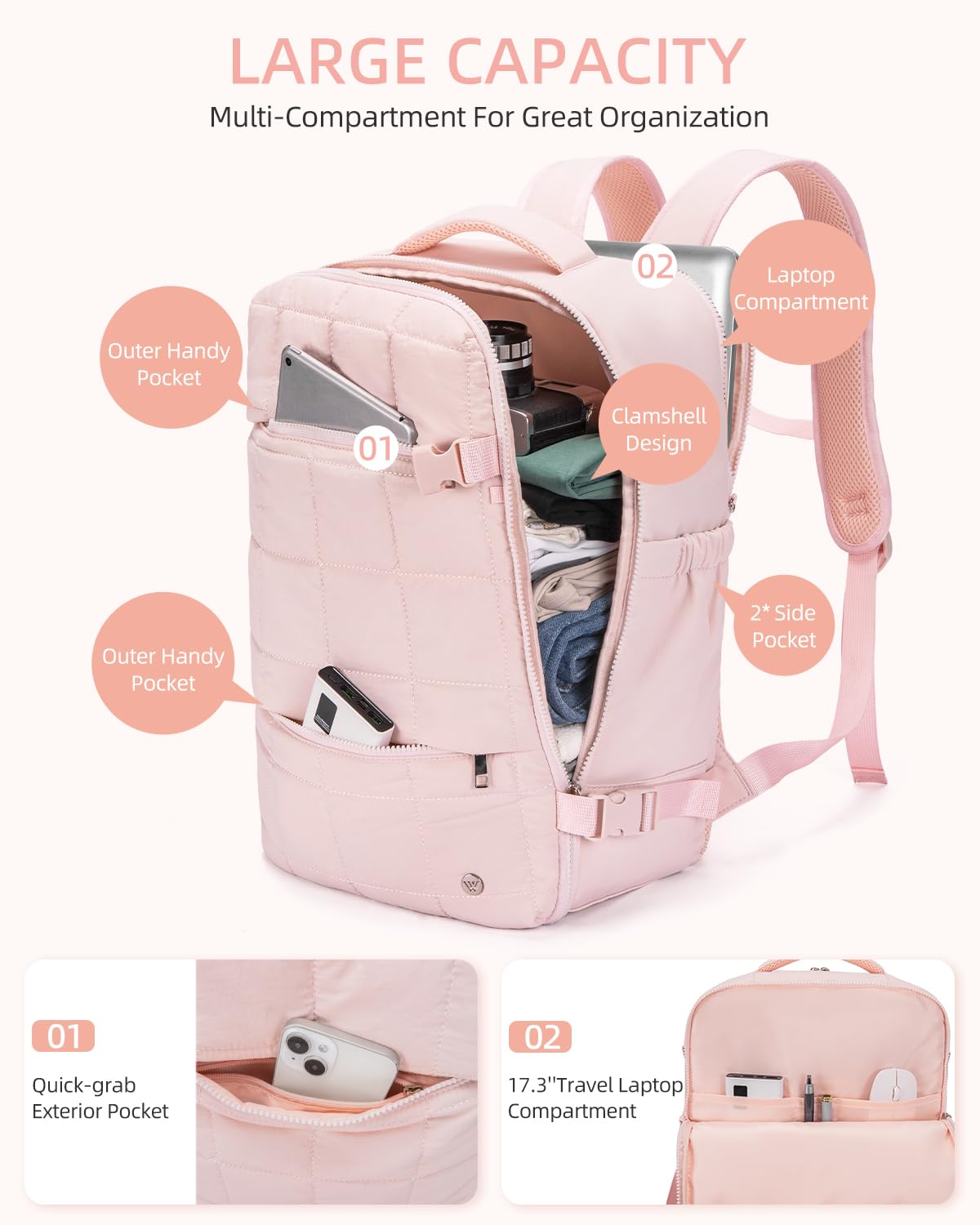 WESTBRONCO Travel Laptop Backpack for Women 17 inch Travel Backpack Carry on Flight Approved Puffy Travel Weekender Bags, Pink, Travel Laptop Backpack