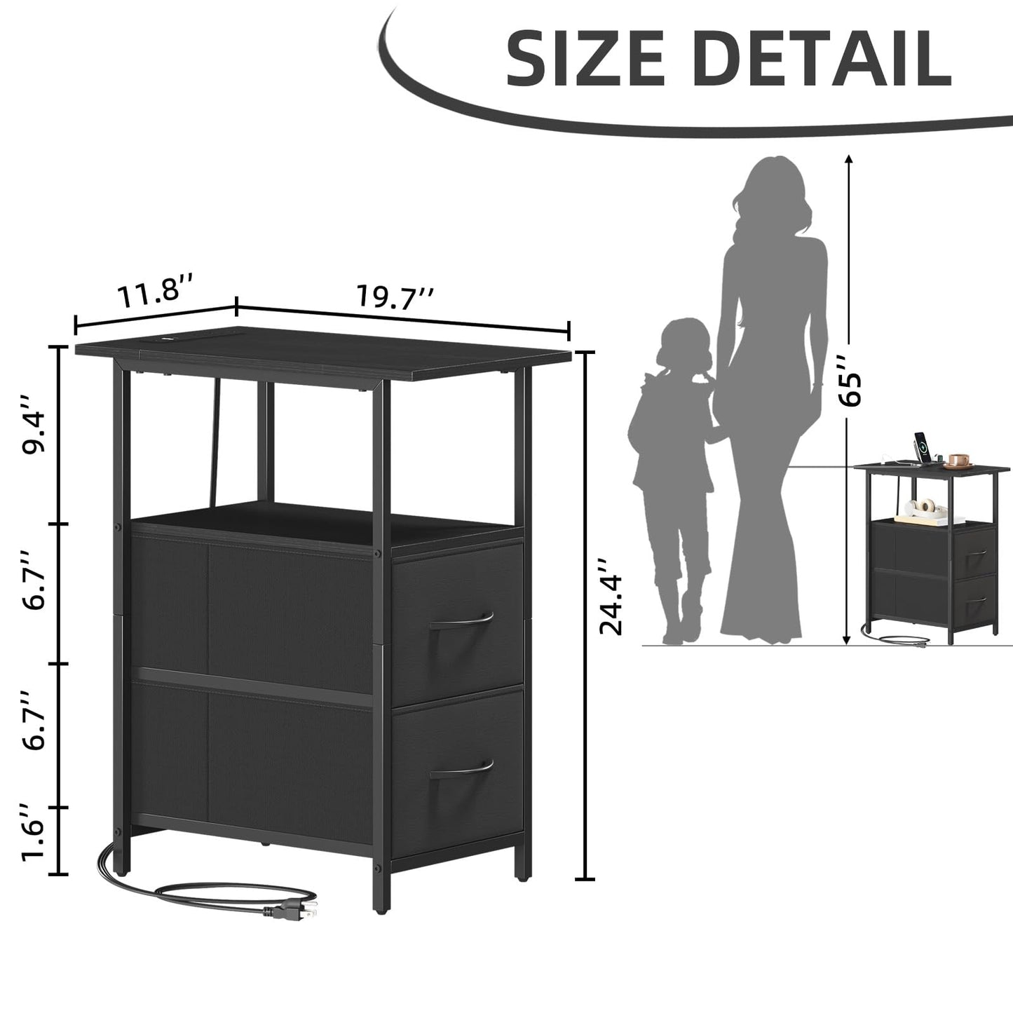 Somdot Narrow End Table with Charging Station, 24.4" Tall Side Table with 2 Fabric Drawers, Skinny Nightstand for Small Spaces, Living Room, Bedroom, Black