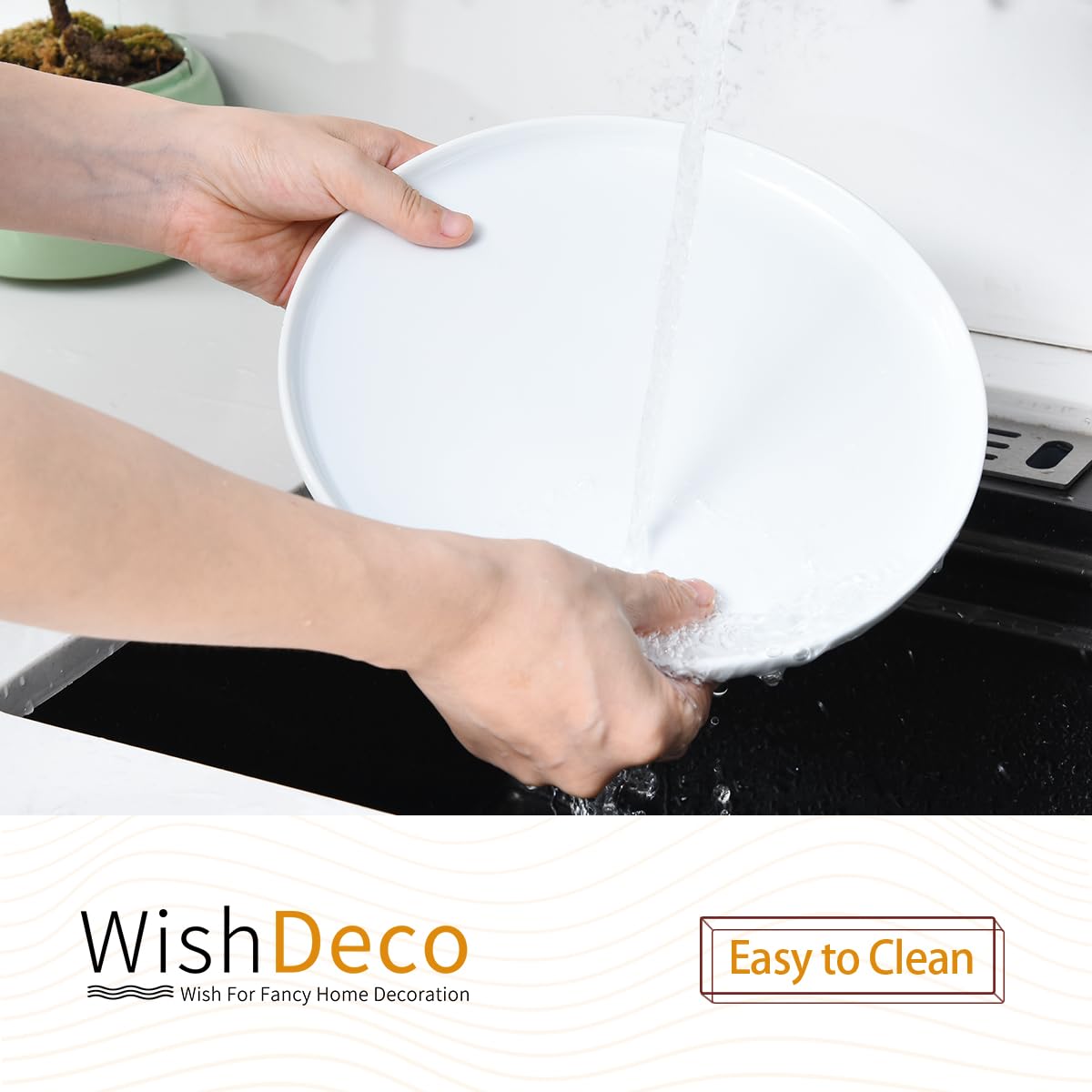 WishDeco Ceramic Dinner Plates Set of 4, Large Serving Plates 10.5 Inch / 27cm, White Round Porcelain Serving Dishes for Salad, Pizza, Steak, Buffet, Microwave & Dishwasher Safe