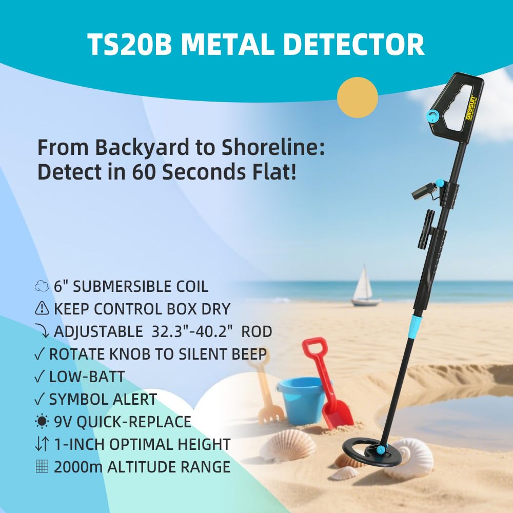 allsun TS20B Waterproof Metal Detector Junior Beginner Kids Underwater Beach Yard Ground Handheld Metal Detector LCD Adjustable Length Gold Hunter Searching