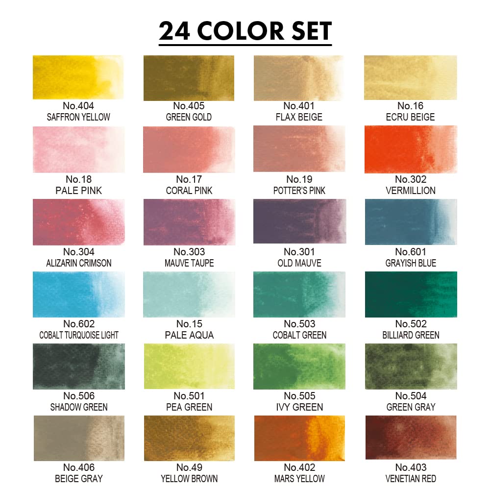 Kuretake GANSAI TAMBI Watercolor Paint 24 Colors Set II Art Nouveau, Professional-Quality, for Beginners Artists, Kids, Adults, Made in Japan