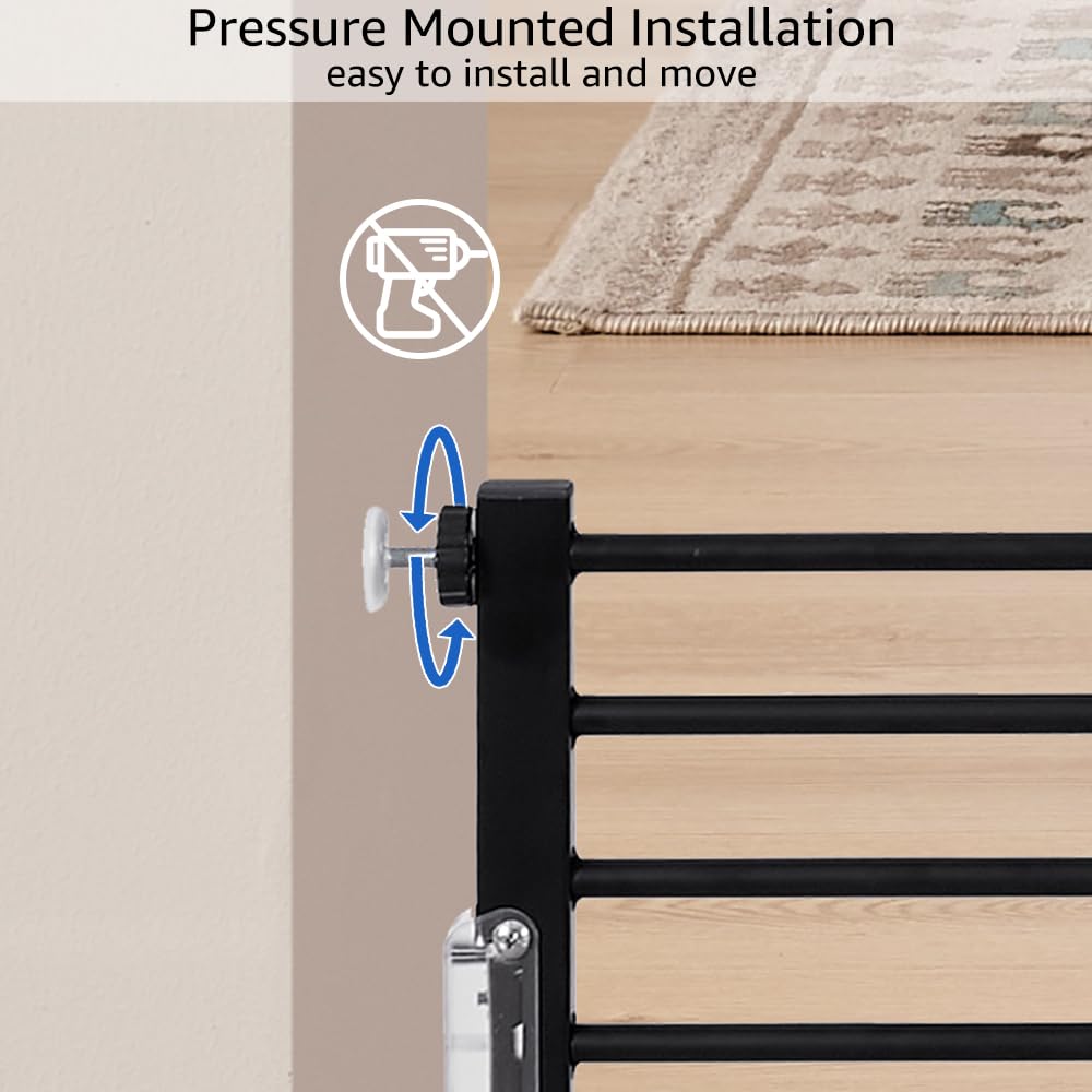 beeNbkks LED Light Metal Dog Gate with Door, 24’’-43’’ Width Expandable Step Over Dog Gate, Short Pet Gate for Stairs Doorways Windows, Pressure Mount Indoor Pet Fence for Small Dogs Puppy