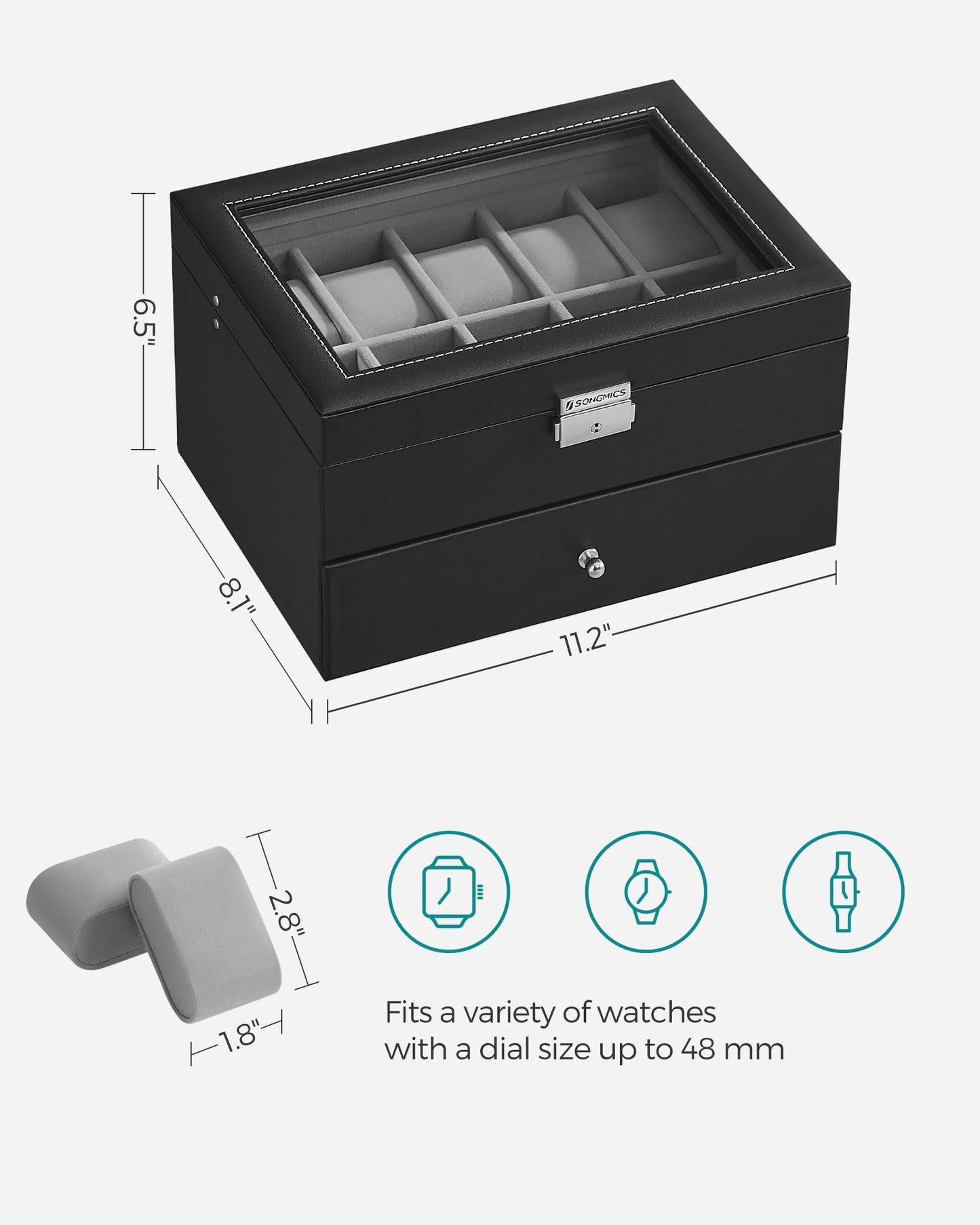 SONGMICS Watch Box, 20-Slot Watch Case Organizer with Large Glass Lid, Black Synthetic Leather, Gray Lining UJWB006V1