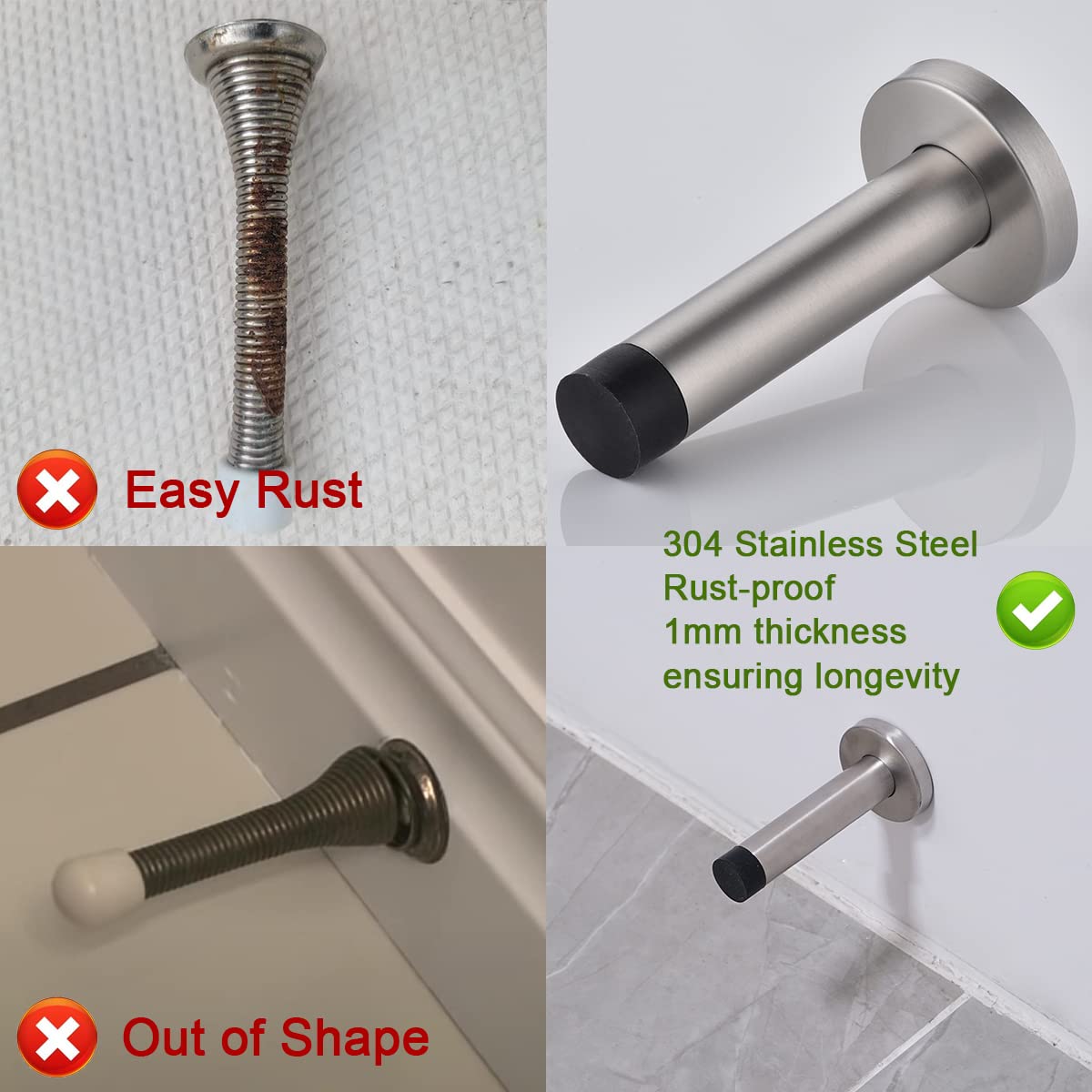 JQK Door Stopper Black, 304 Stainless Steel Thicken 1mm Sound Dampening Door Stop Bumper Wall Protetor 4 Pack, Matte Black, DSB5-PB-P4