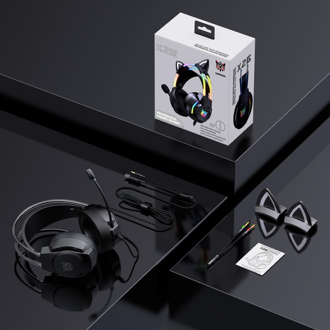 Gaming Headset with Microphone, Cat Ears Headphones for PC/PS4/PS5/Switch, RGB Backlight & Virtual Surround Sound, Lightweight Over Ear Headphones with Auto-Adjustable Headband