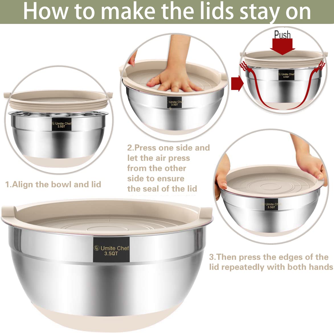 Umite Chef Mixing Bowls with Airtight Lids 6 Piece Stainless Steel Metal Nesting Storage Bowls, Non-Slip Bottoms Size 7, 3.5, 2.5, 2.0,1.5, 1QT, Great for Mixing & Serving (Khaki}
