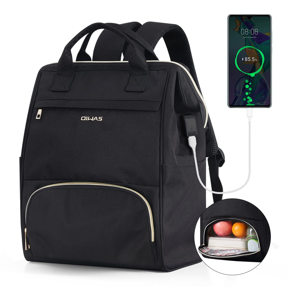 OIWAS Lunch Backpack for Women and Men, 15.6 inch Laptop Backpack with Insulated Compartment, Work Backpack with USB Port, Lunch Bag Suitable for Travel Work Picnics Hiking, Black