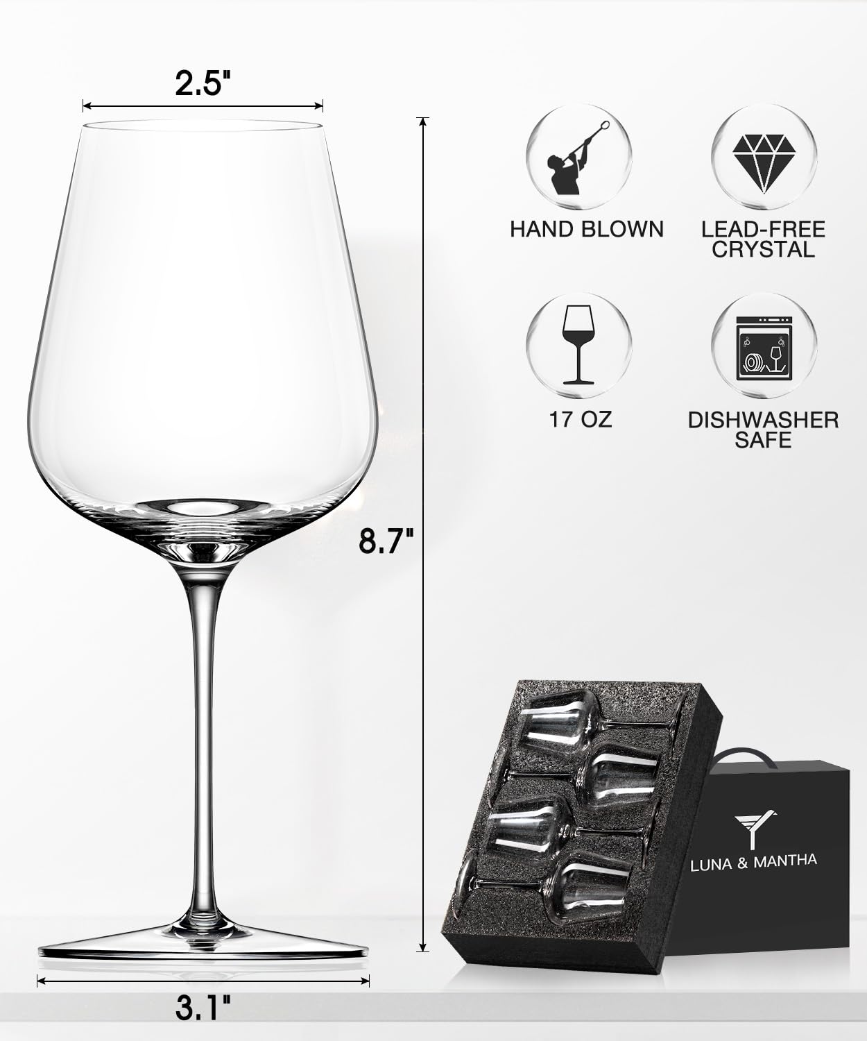 LUNA & MANTHA Red Wine Glasses Set of 4, Crystal Wine Glasses with Stem, Hand Blown 17oz, Perfect for Red White Gift Packaging for Daily Use, Wedding, Birthday