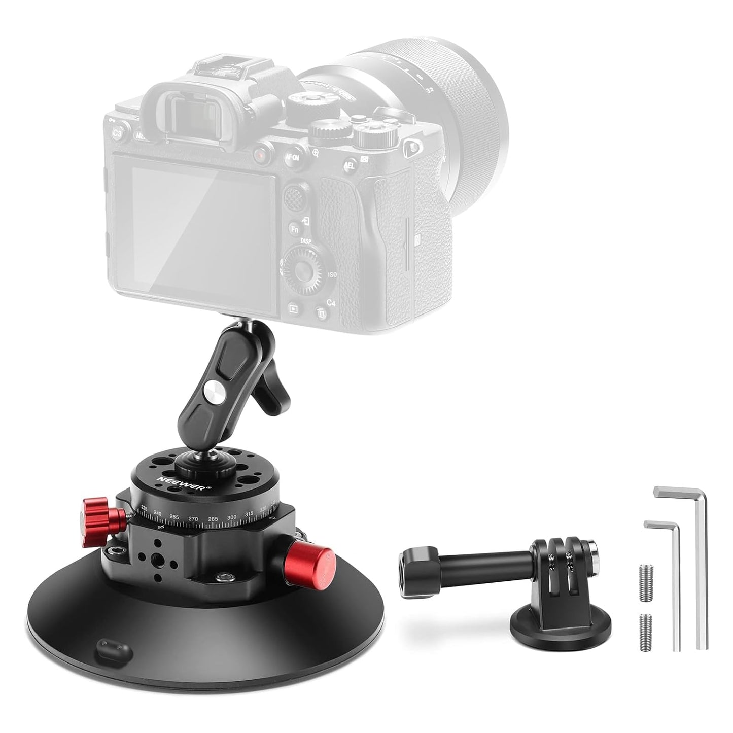 NEEWER 6"/15.2cm Suction Cup Mount with Ball Head Magic Arm, Metal Suction Cup Mount on Car Windshield Dash for Action Camera/Phone Holder, with 1/4" & 3/8" Mounting Holes for ARRI