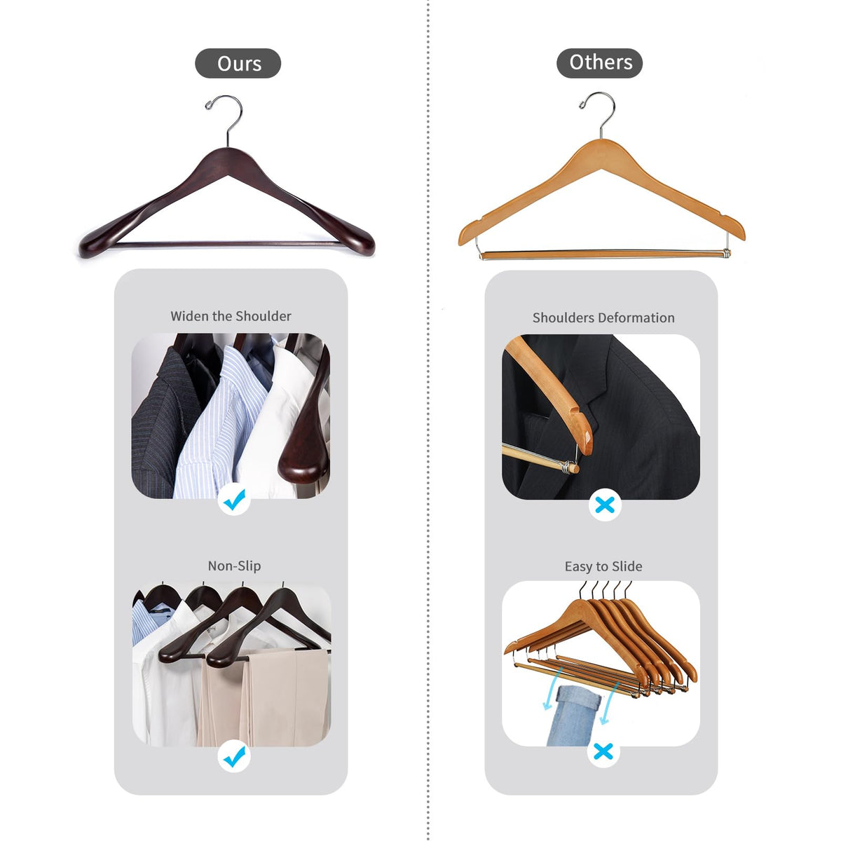 Nature Smile Luxury Mahogany Wooden Suit Hangers - 12 Pack - Wood Coat Hangers,Jacket Outerwear Shirt Hangers with Extra-Wide Shoulder, 360 Degree Swivel Hooks & Anti-Slip Bar with Screw