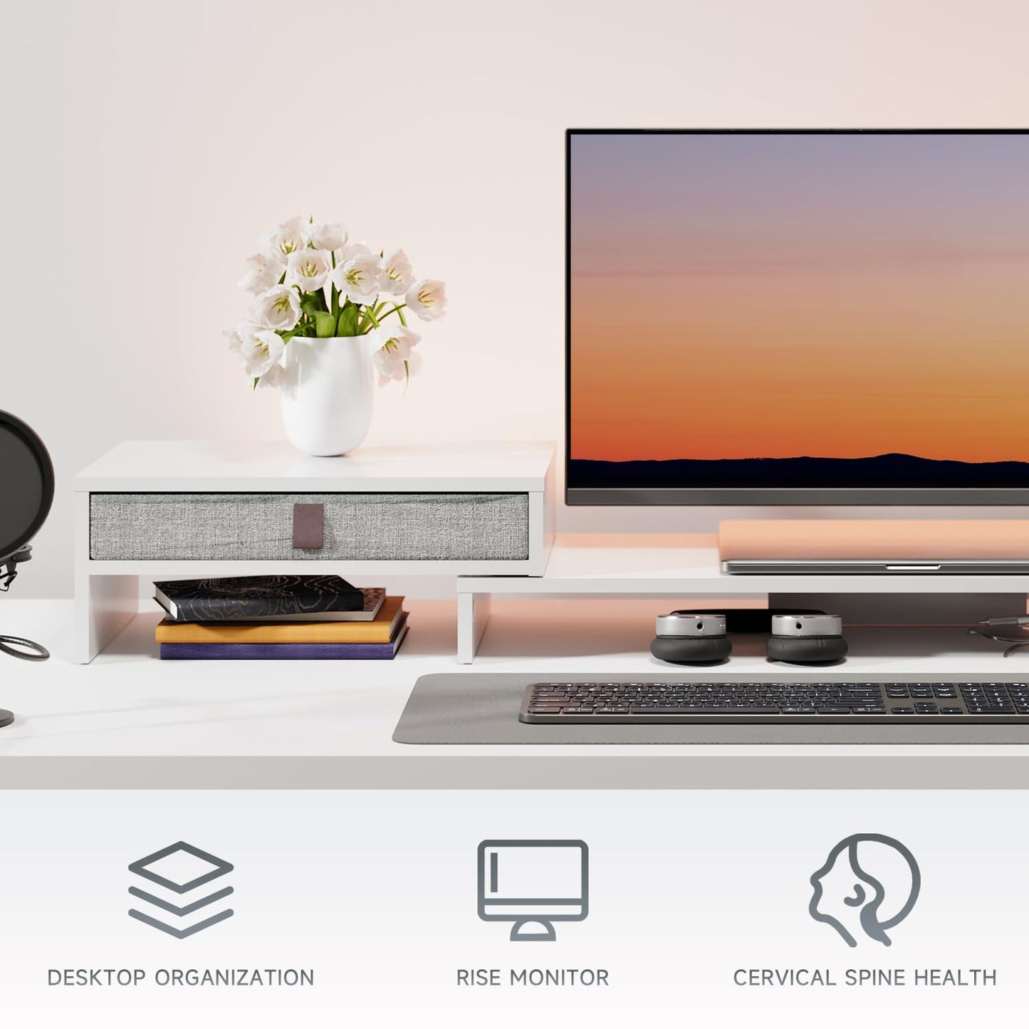 FENGE Dual Monitor Stand with Drawer Computer Monitor Stand Riser Adjustable Length and Angle, Wood Monitor Stands for 2 Monitors, Laptop PC, Computer, Printer, Office Desk Organizer White