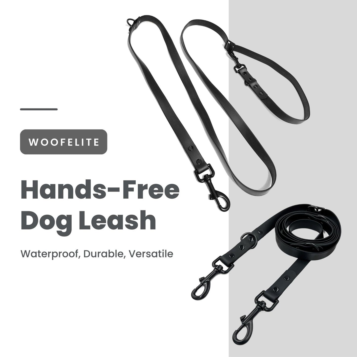 WOOFELITE Hands-Free Adjustable Waterproof Dog Leash 7 FT / 8 FT (Black, 8 FT)