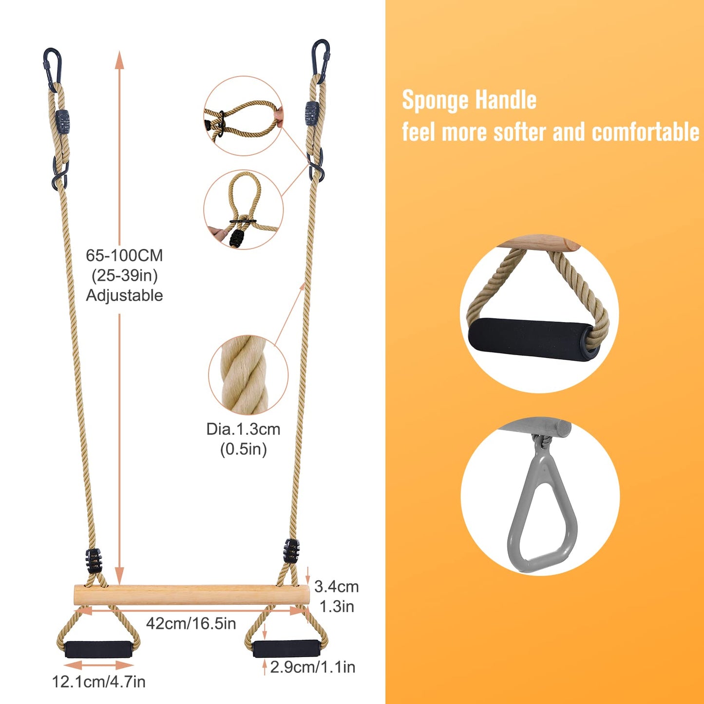 Wooden Trapeze Swing Bar with Gym Rings for Adults Children's Swing Set Indoor Outdoor Garden,Yard,Playground