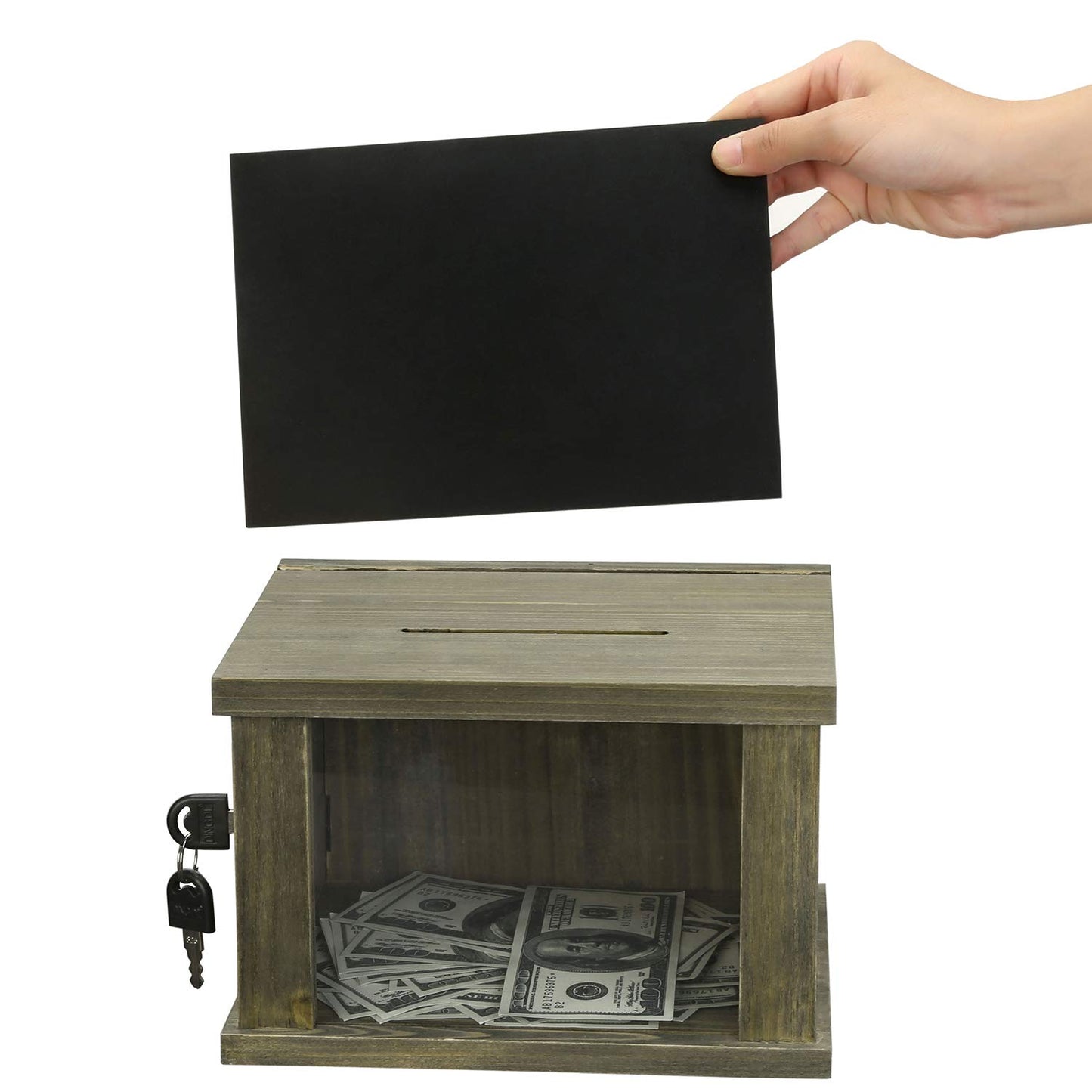 MyGift 9 x 7 Inch Vintage Weathered Gray Wood Tip Donation Comment Collection Box with Premium Transparent Acrylic Front Window Panel, Lock, Key, Removable Chalkboard and Clear Sign Holder