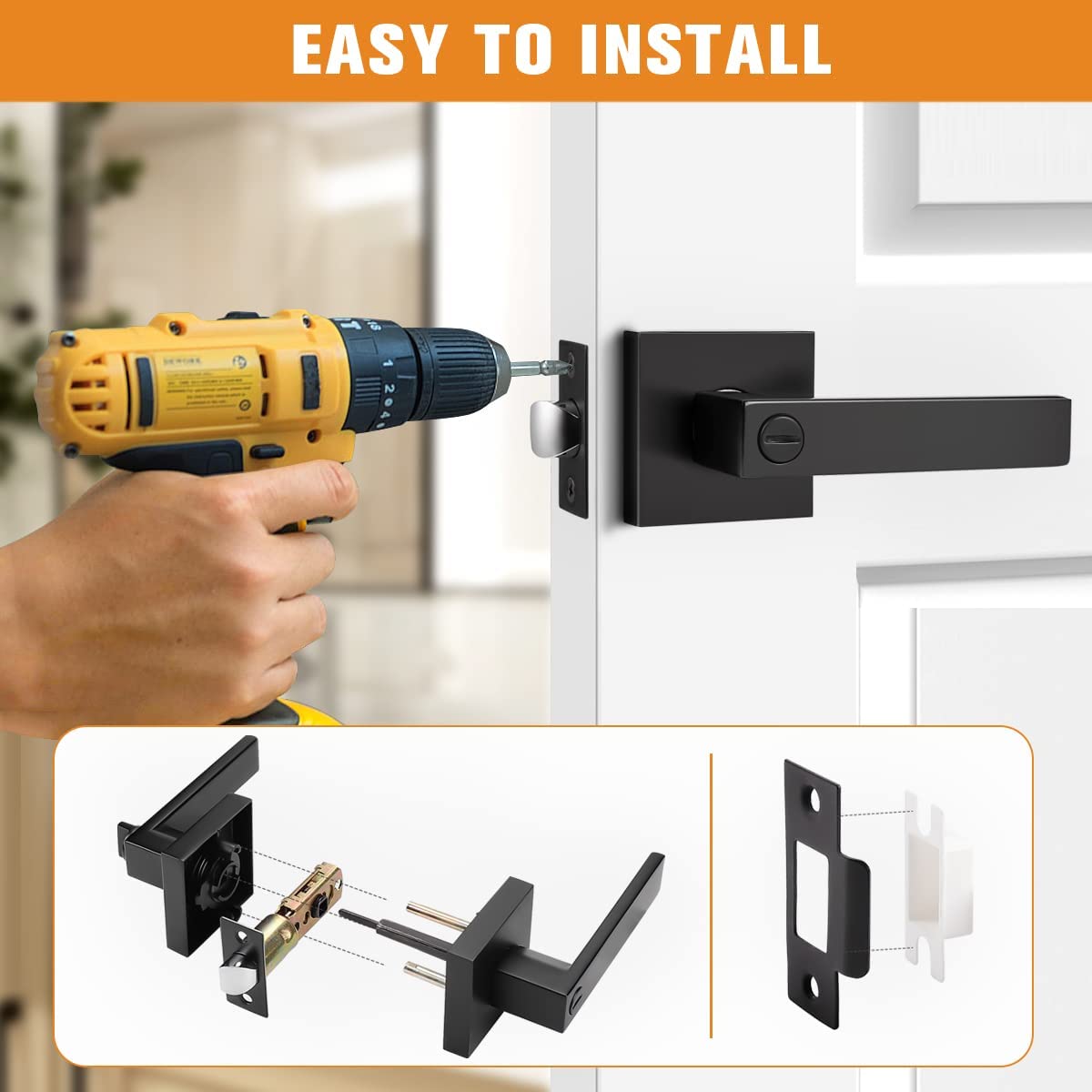 2 Pack Probrico Privacy Square Door Handle in Matte Black Finish for Interior Door Bedroom and Bathroom, Keyless Door Lockset, Heavy Duty Reversible Door Lever