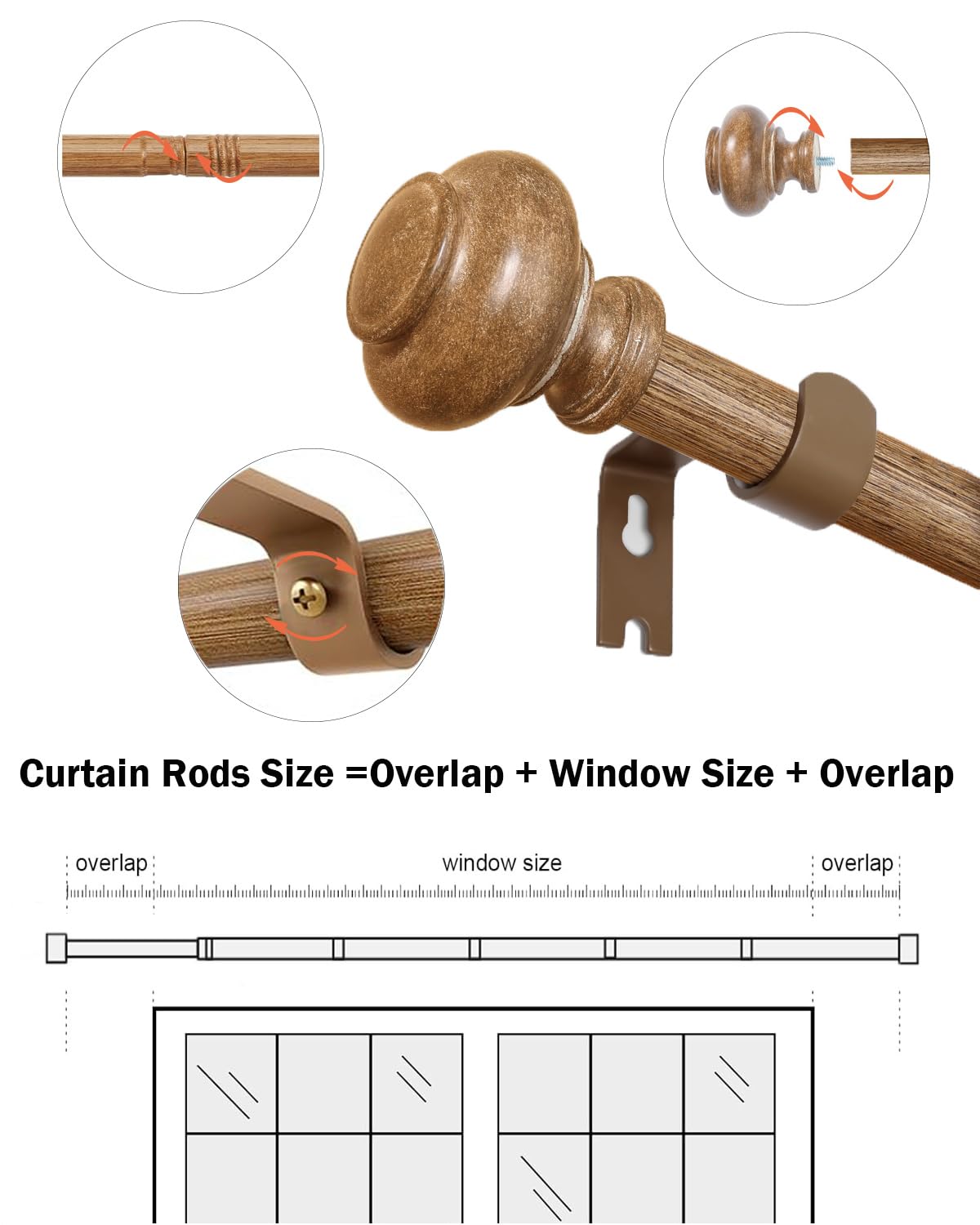 Wood Curtain Rods for Windows 48 to 84 Inch, 1 Inch Adjustable Curtain Rod Heavy Duty Wood Grain Boho Drapery Rods Decorative Farmhouse Rustic Outdoor Curtains Rod