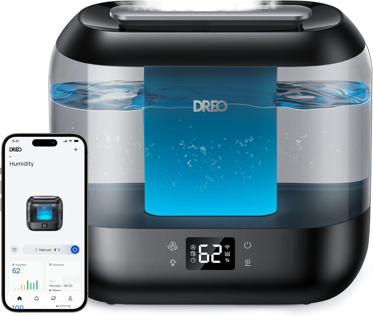 DREO Smart Humidifiers for Bedroom, Top Fill 4L Supersized Cool Mist Humidifier with Nightlight, 36H Runtime, Touch/APP/Voice Control, Quiet Ultrasonic Humidifiers for Large Room, Baby, Plants