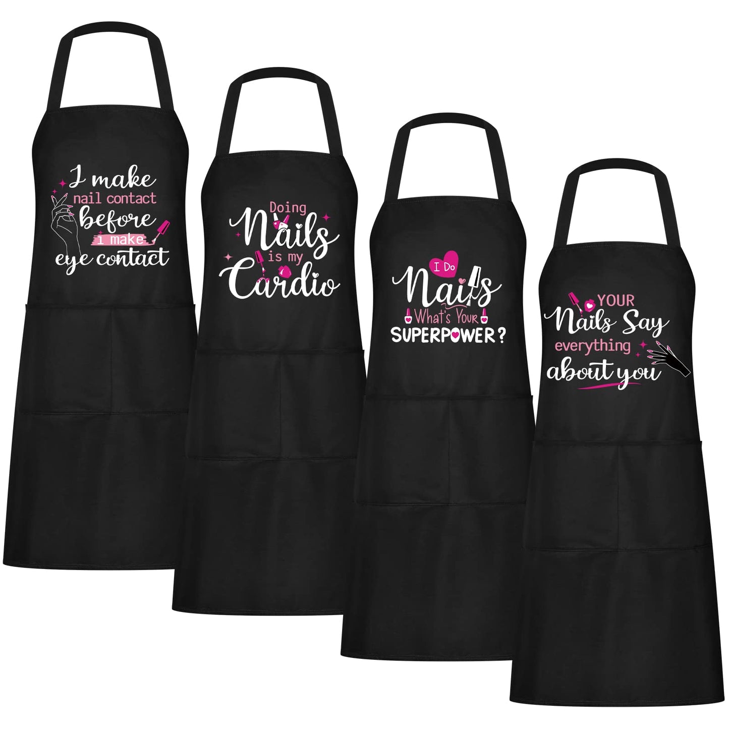 Mepase 4 Pieces Nail Tech Aprons with Pockets Funny Quotes Apron for Nail Technician Manicurists Art Supplies for Salons Cosmetology Smock