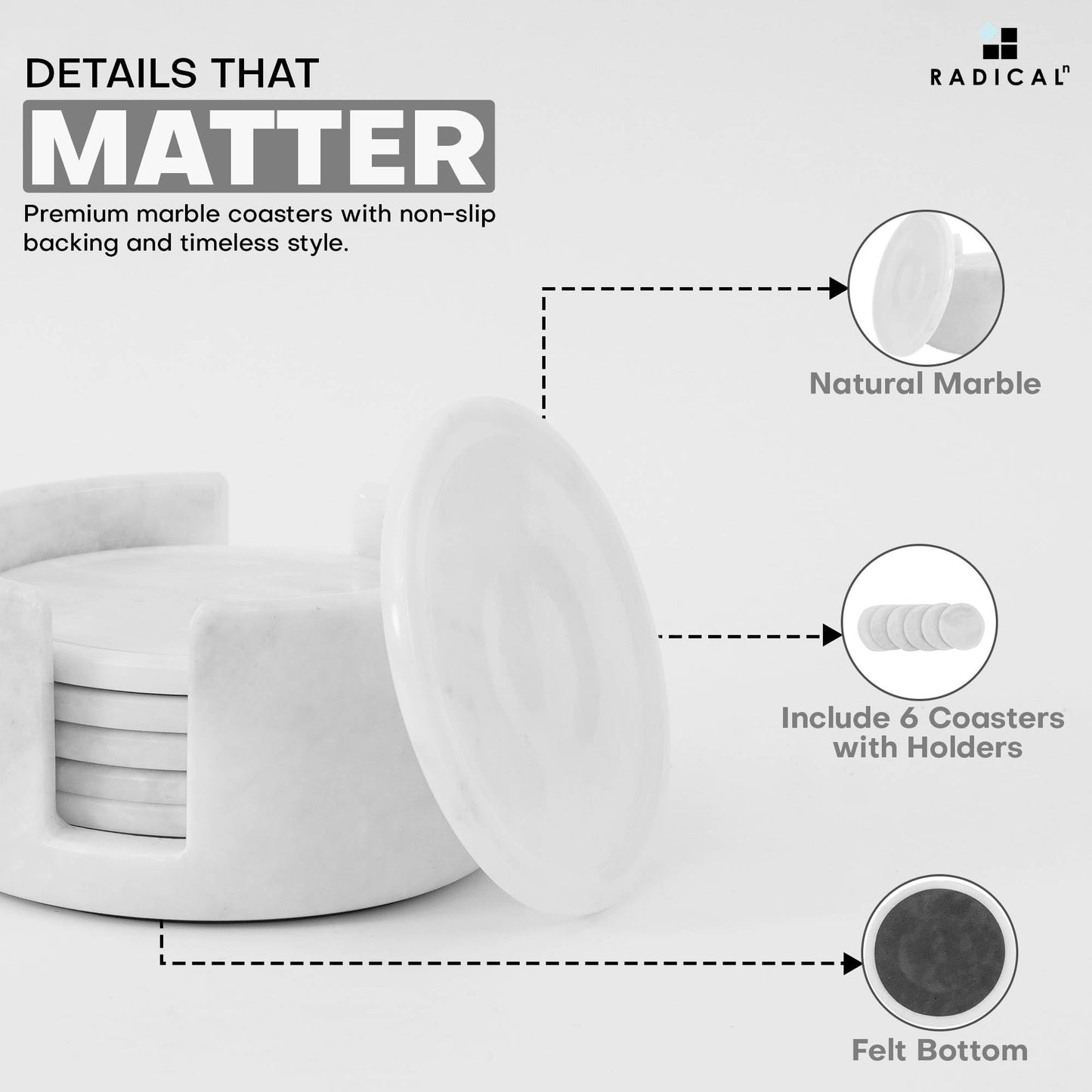 Radicaln Marble Coasters Set of 6 White 8.89 Cm Round Coaster Drink Coasters for Coffee Table, Kitchen & Dining Decor | Durable Stone Cup Holder Gift