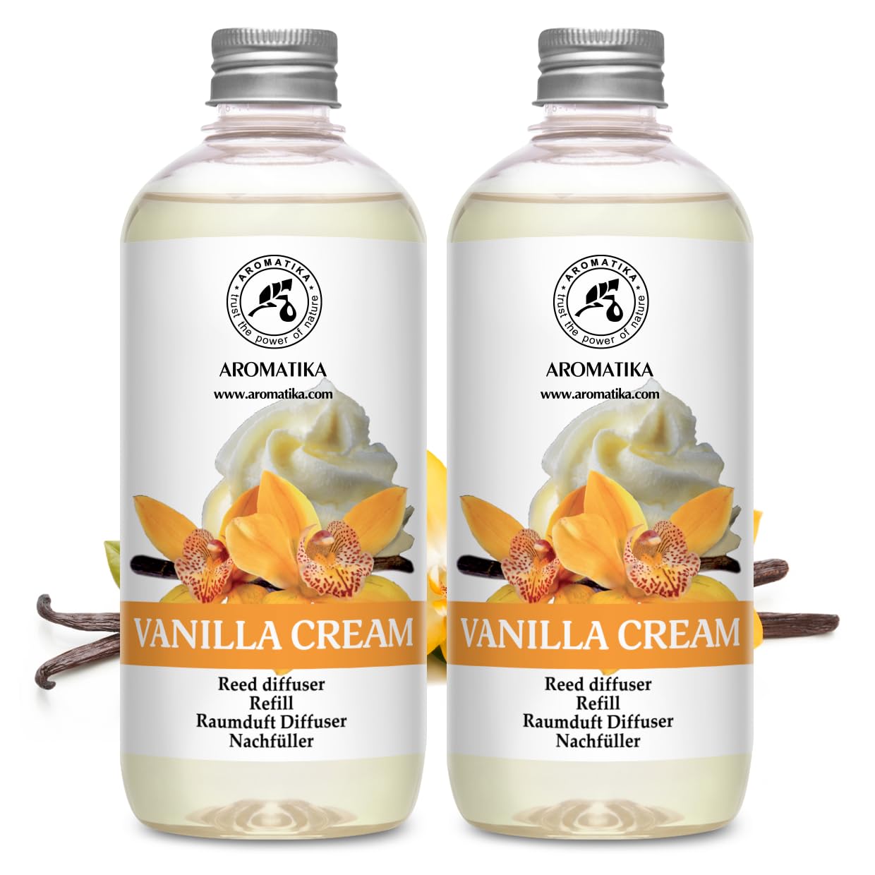 Reed Diffuser Refill Vanilla Cream - 2 x 500ml - Long Lasting Fragrance - Oil Refill for Aromatherapy - Home and Office Scent - Restaurant - Fresh Aroma