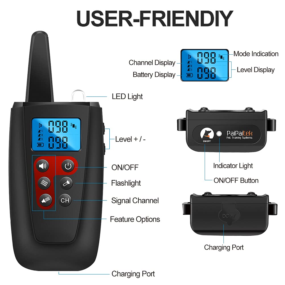 Paipaitek Dog Training Collar No Shock, 3300ft Range Vibrating Dog Collar, IPX7 Waterproof Dog Training Collar with Remote, No Prongs and No Shock, only Sound and Vibration Collar for Training Dogs