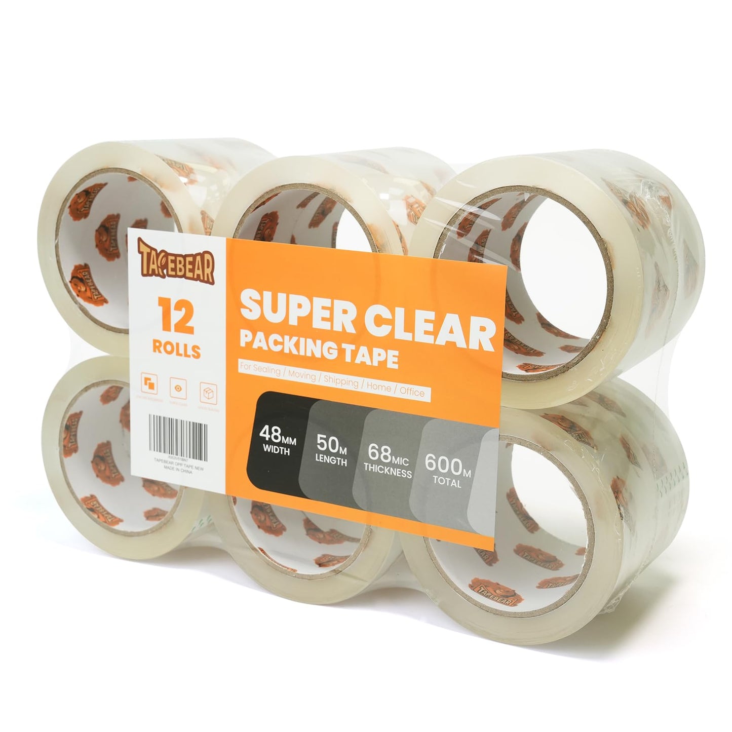 TAPEBEAR Storage Packaging Tape 12 Rolls, Super Clear 2.7mil x 1.88" x 50m Packing Tape Heavy Duty Tape Refills, Transparent, Long Lasting for Storage and Packing, 600 Total Meter