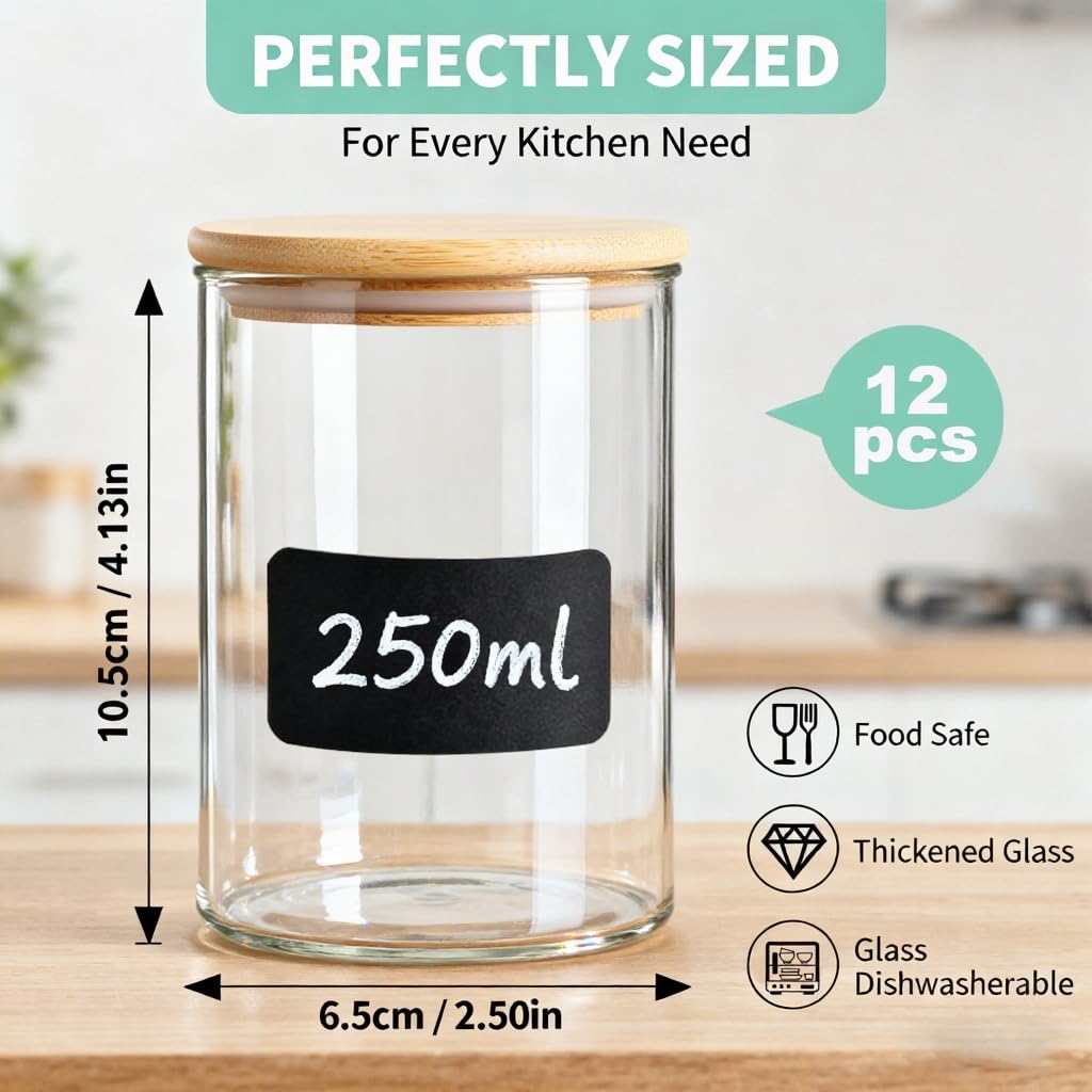 Glass Spice Jars with Bamboo Lids 12 Pack, 250ml Empty Spice Containers with Labels,Airtight Small Seasoning Jars for Salt, Pepper, Chili Powder, Sugar, Loose Tea Storage