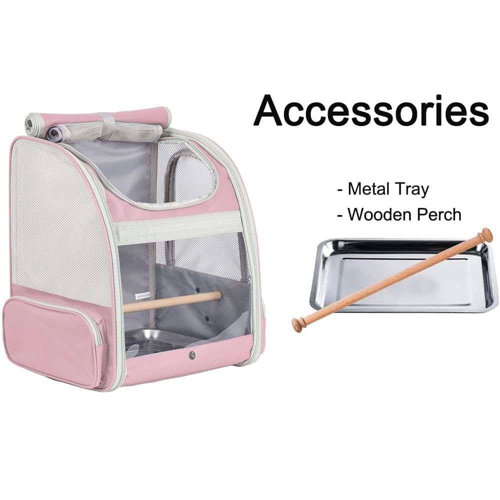 Bird Backpack Carrier, Backpack with Stand Perch and Metal Tray, Travel Carrier Backpack (Pink, Bird Backpack)