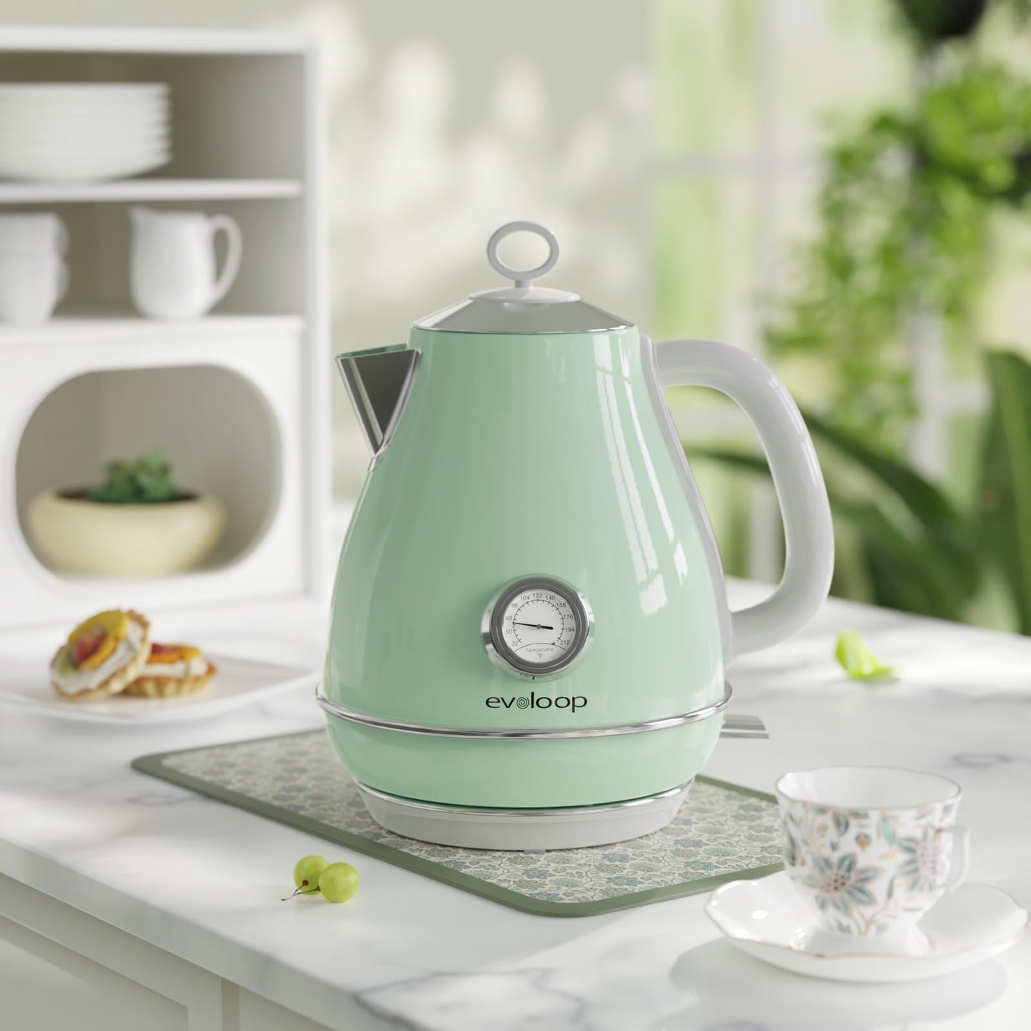Electric Tea Kettle, 1500W /1.7 Liter Hot Water Boiler Heater Pot, Retro Electric Kettle with Thermometer, Auto Shut-Off & Boil-Dry Protection, BPA Free,Stainless Steel Teapot