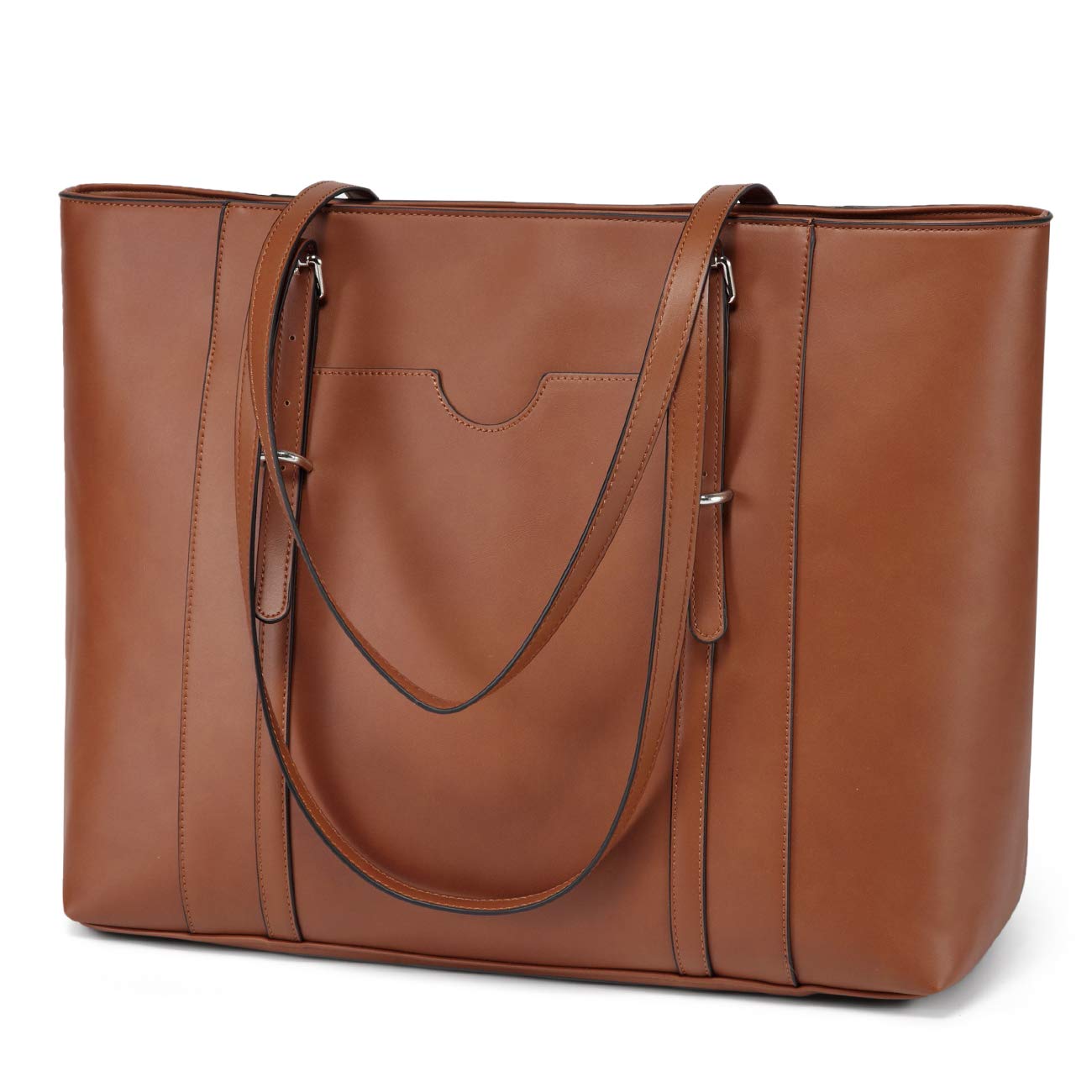 Laptop Tote Bag for Women, VASCHY PU Leather Water Resistant 15.6 inch Satchel, Large Teacher Shoulder Bag for Travel, Work Brown